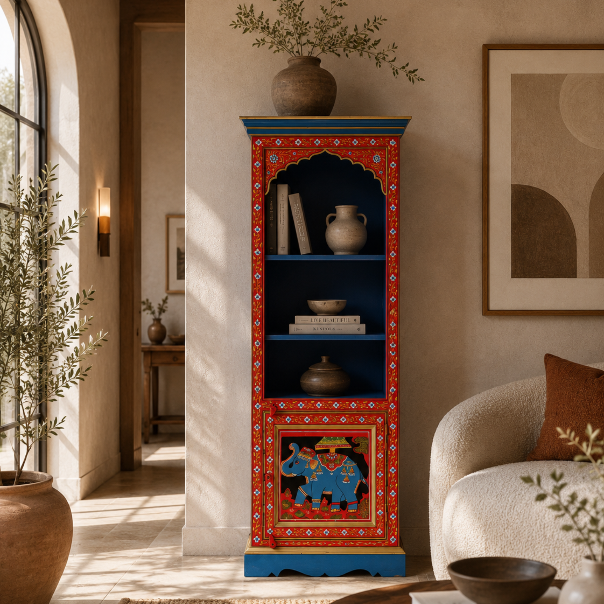 Front view of Folk Arch Vintage Bookshelf featuring hand-painted red floral detailing, blue shelving, and elephant cabinet artwork.