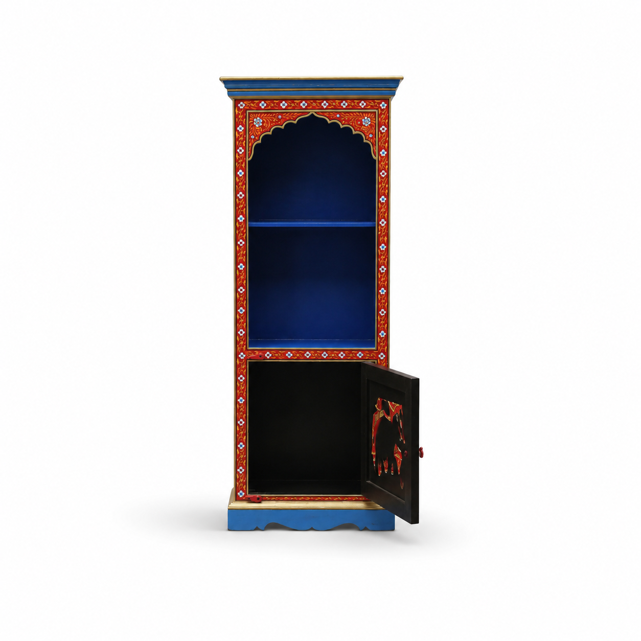 Folk Arch Vintage Bookshelf with cabinet door open, revealing spacious lower storage compartment and display shelves.