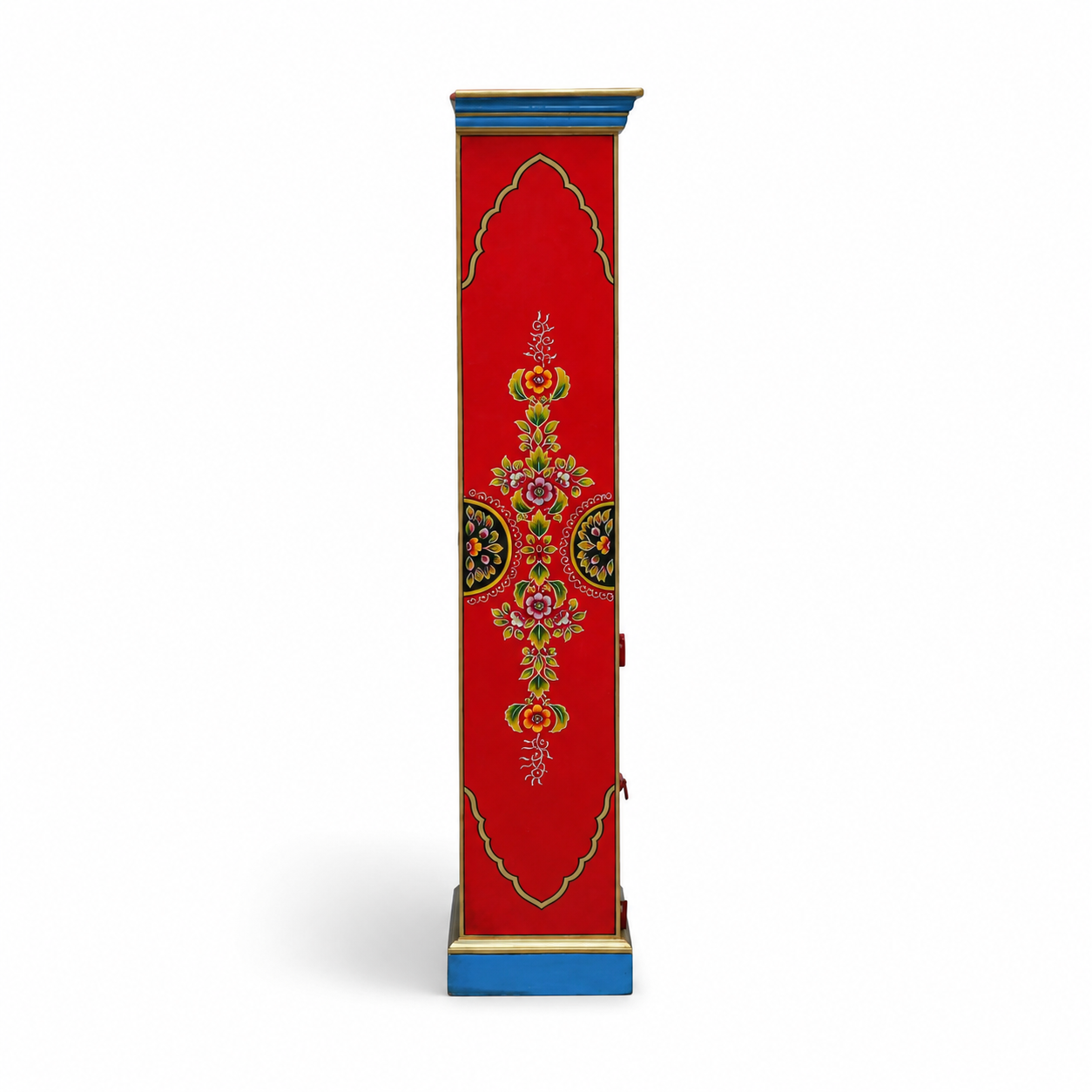 Side profile of Folk Arch Vintage Bookshelf with intricate floral hand-painted artwork on a vibrant red panel.
