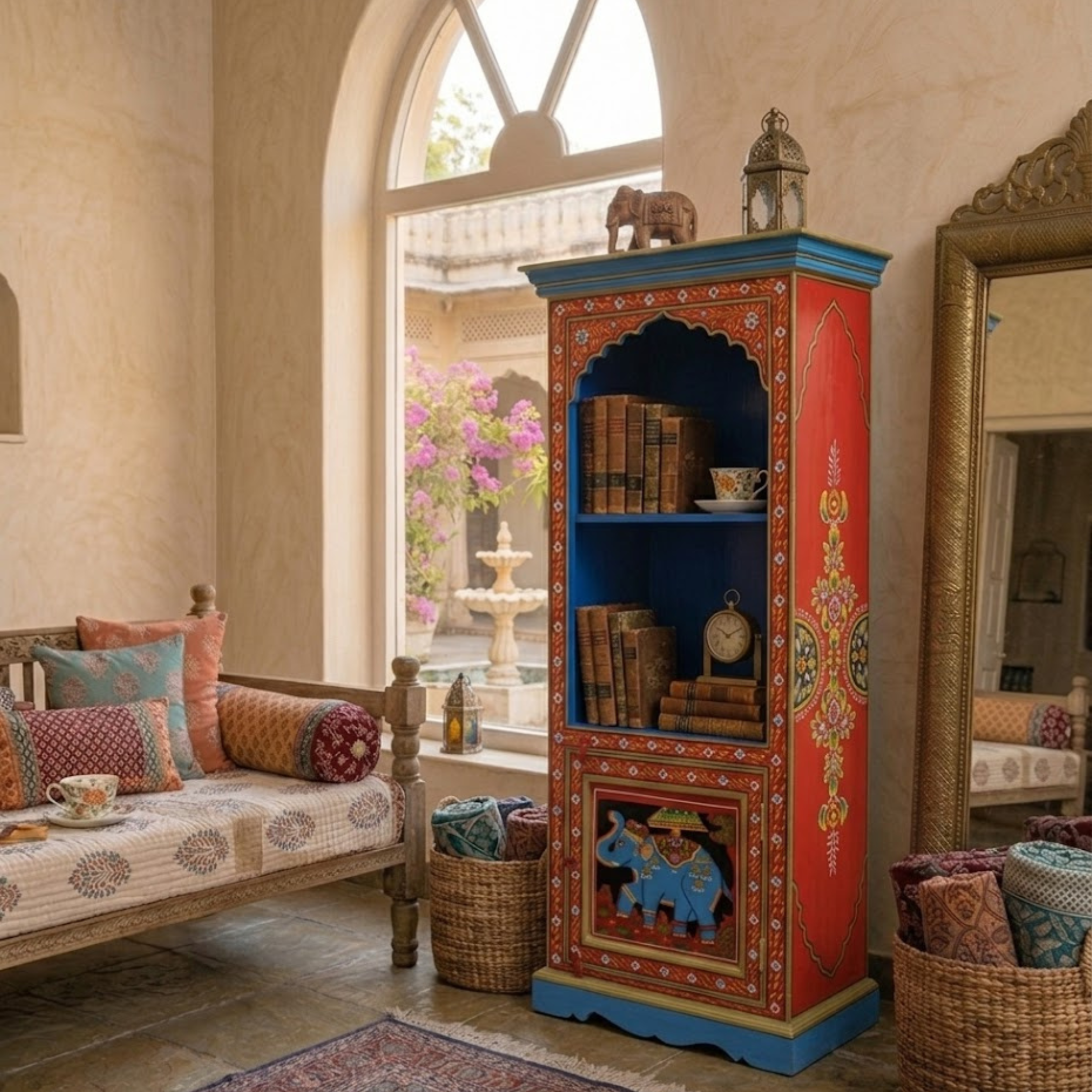 Hand-painted Folk Arch Vintage Bookshelf placed in a traditional-inspired interior with books and decorative accents.