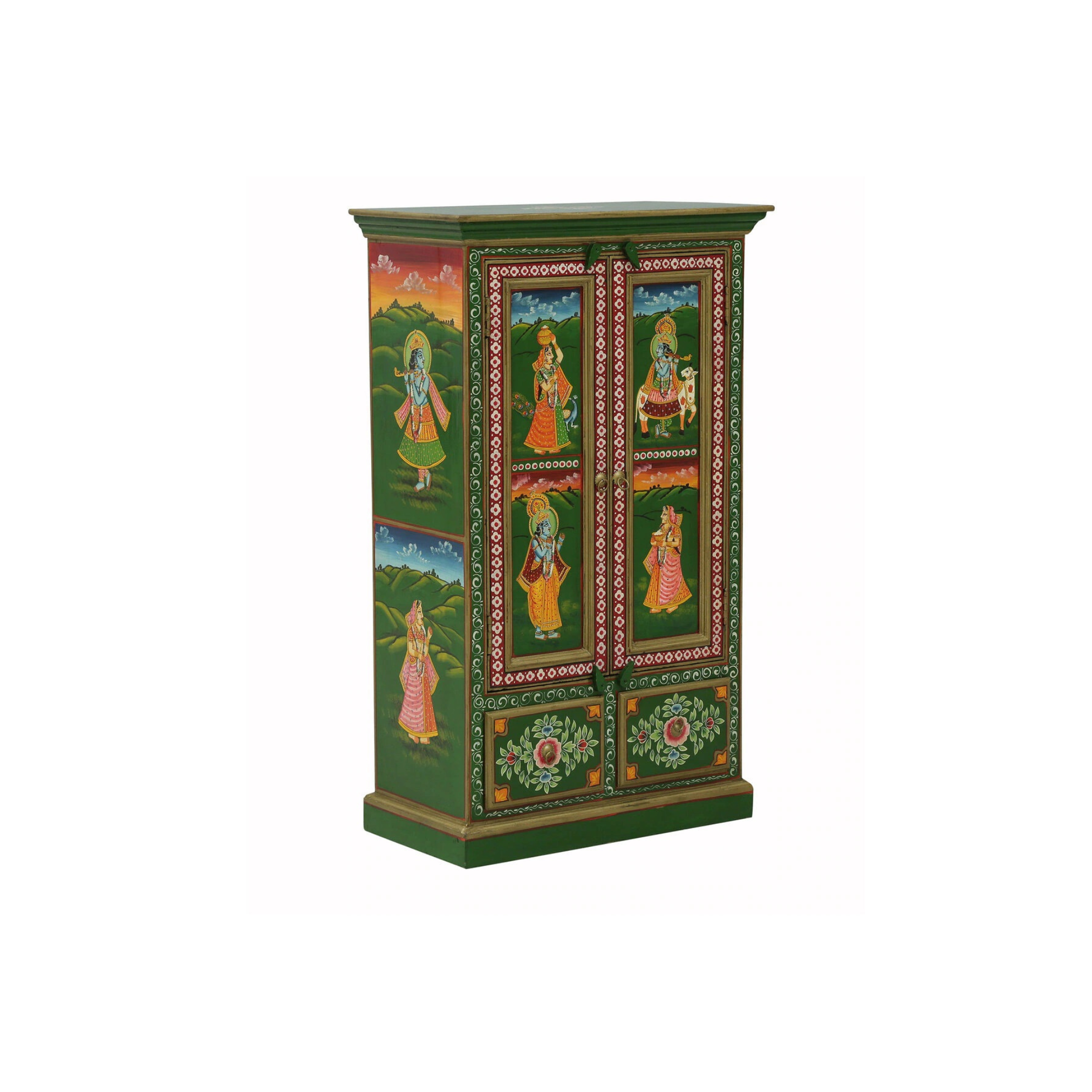 Angled view of multi-colour hand-painted wooden wardrobe cabinet with floral and cultural artwork