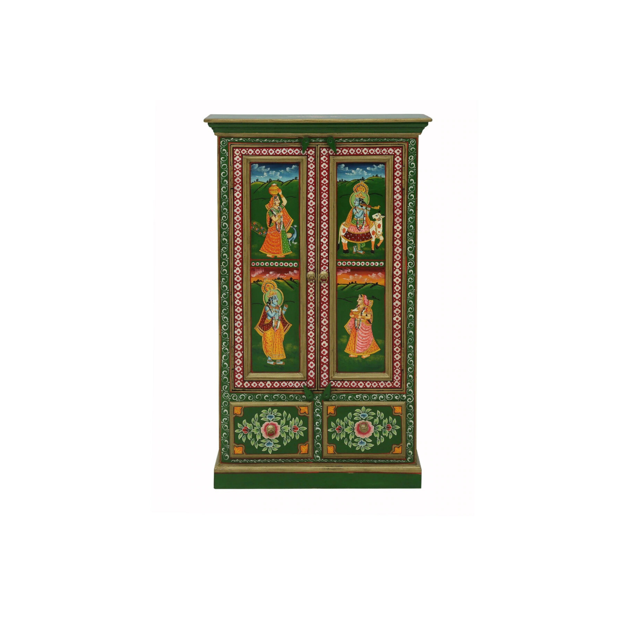 Front view of Greenland solid wood hand-painted wardrobe with traditional folk art panels in green finish