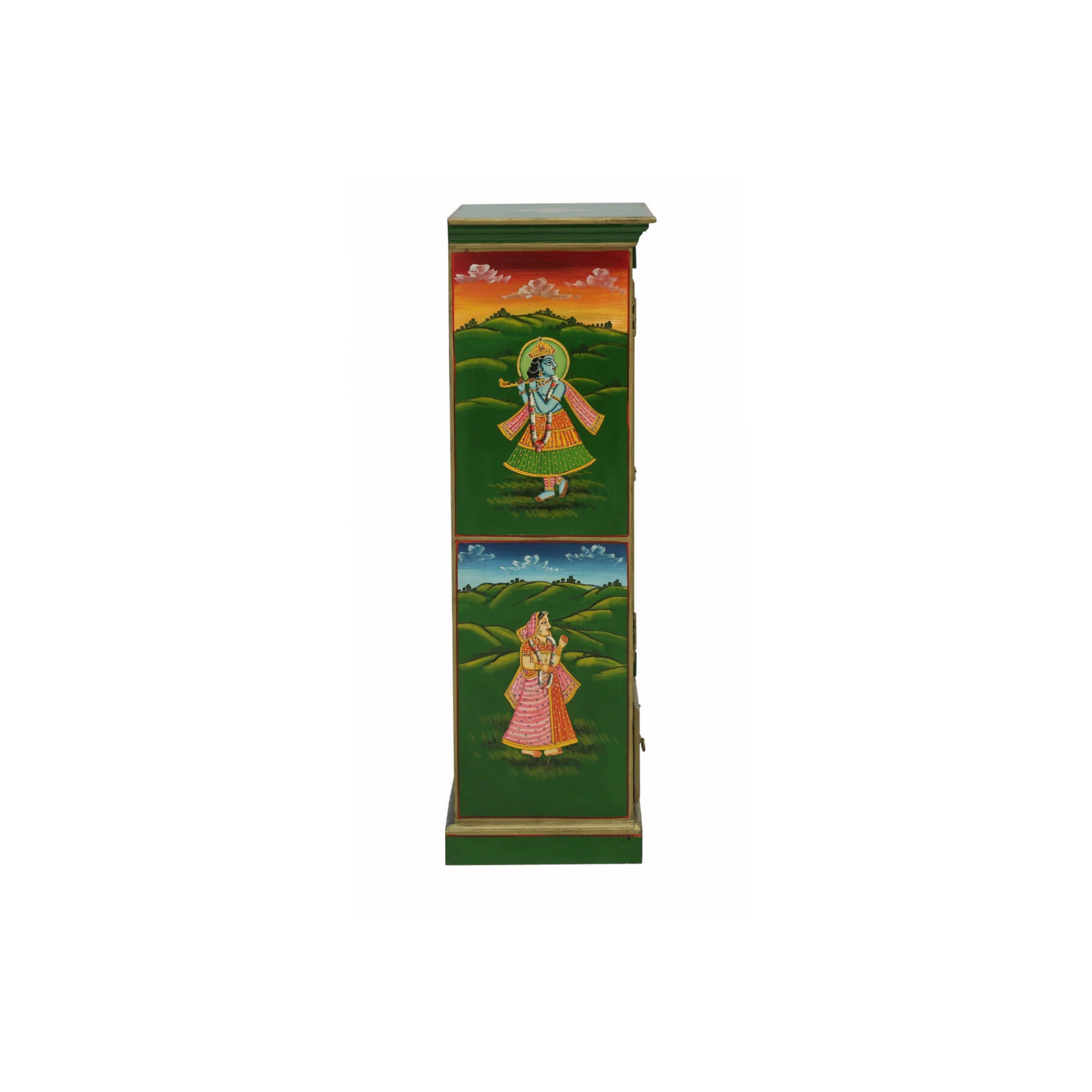 Side view of hand-painted solid wood wardrobe featuring traditional Indian art on green background