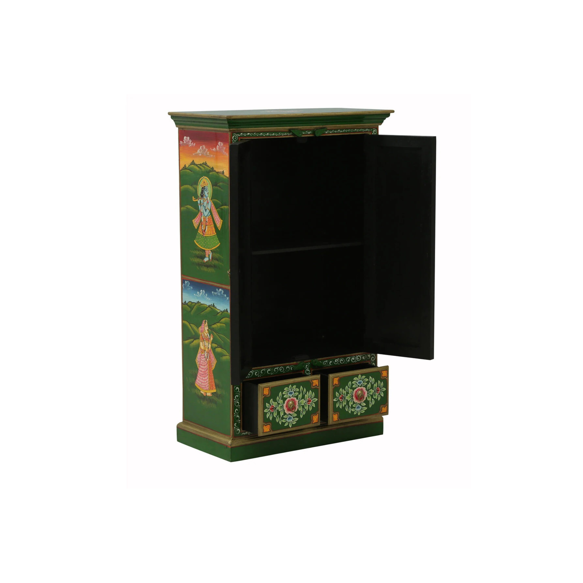 Open view of hand-painted wooden wardrobe cabinet showing spacious storage shelves and drawers