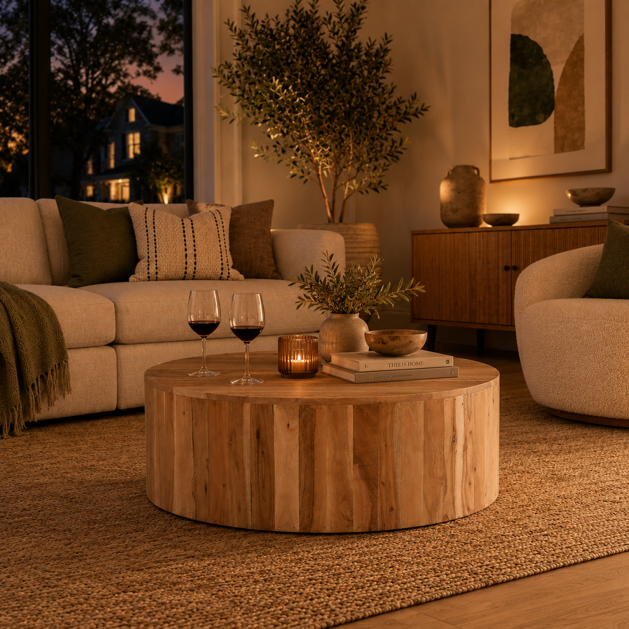 Halo Round Drum Coffee Table in a cozy Canadian living room with warm evening lighting, wine glasses, candles, and modern neutral décor.