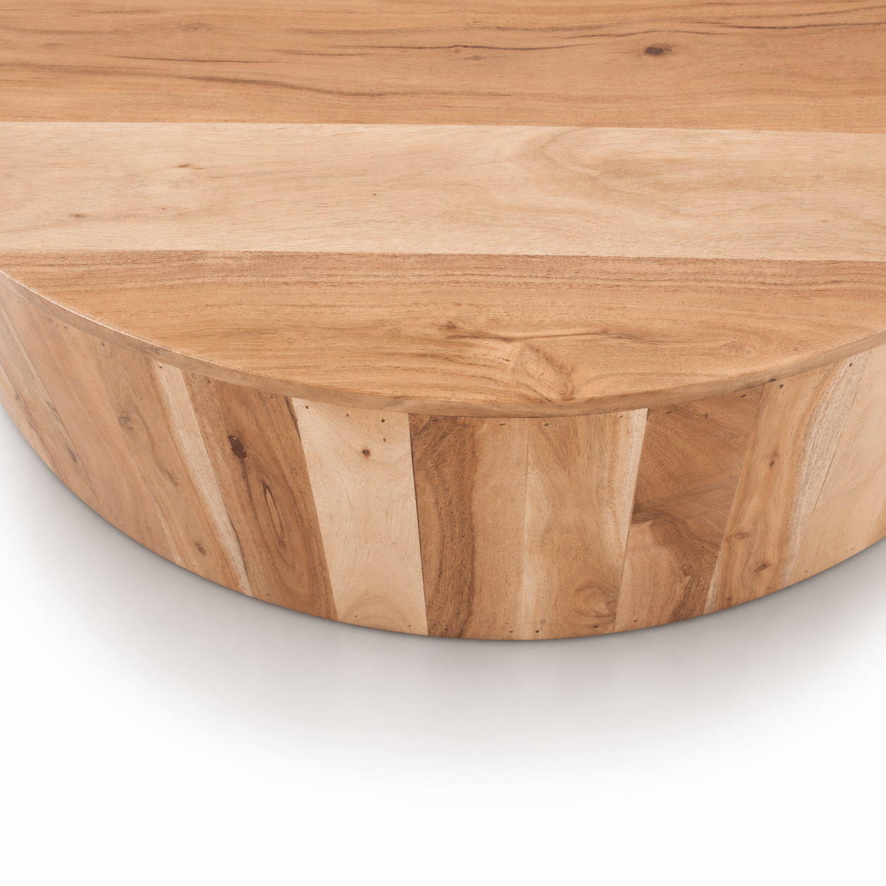 Close-up detail of Halo Round Drum Coffee Table highlighting handcrafted acacia wood construction and natural wood grain