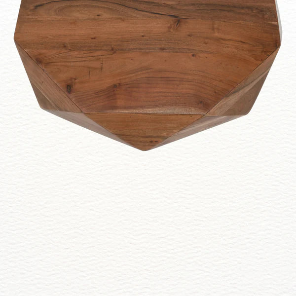 close up detail of handcrafted acacia wood coffee table showing texture and finish