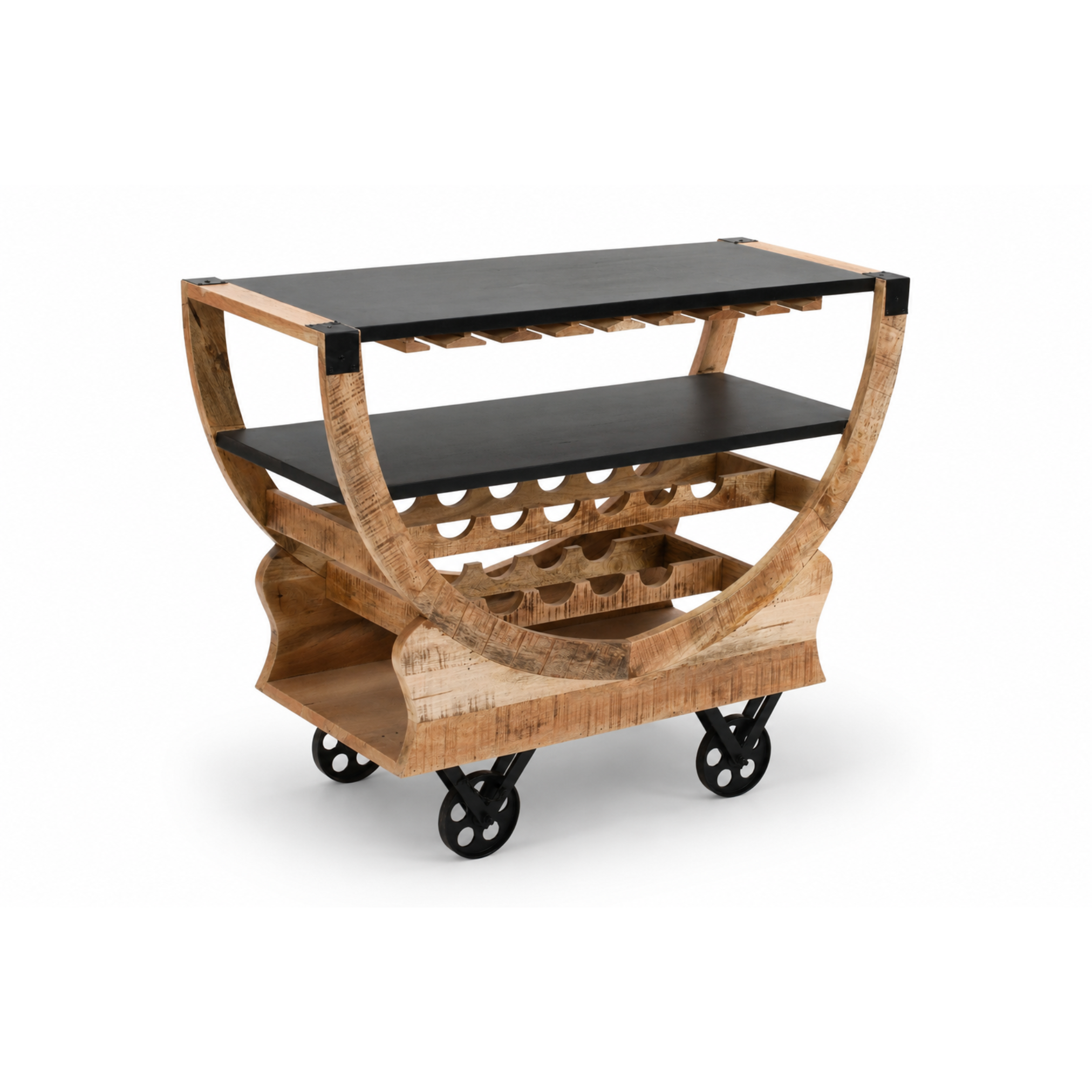 Angled view of handcrafted mango wood bar cart with industrial metal wheels and wine storage