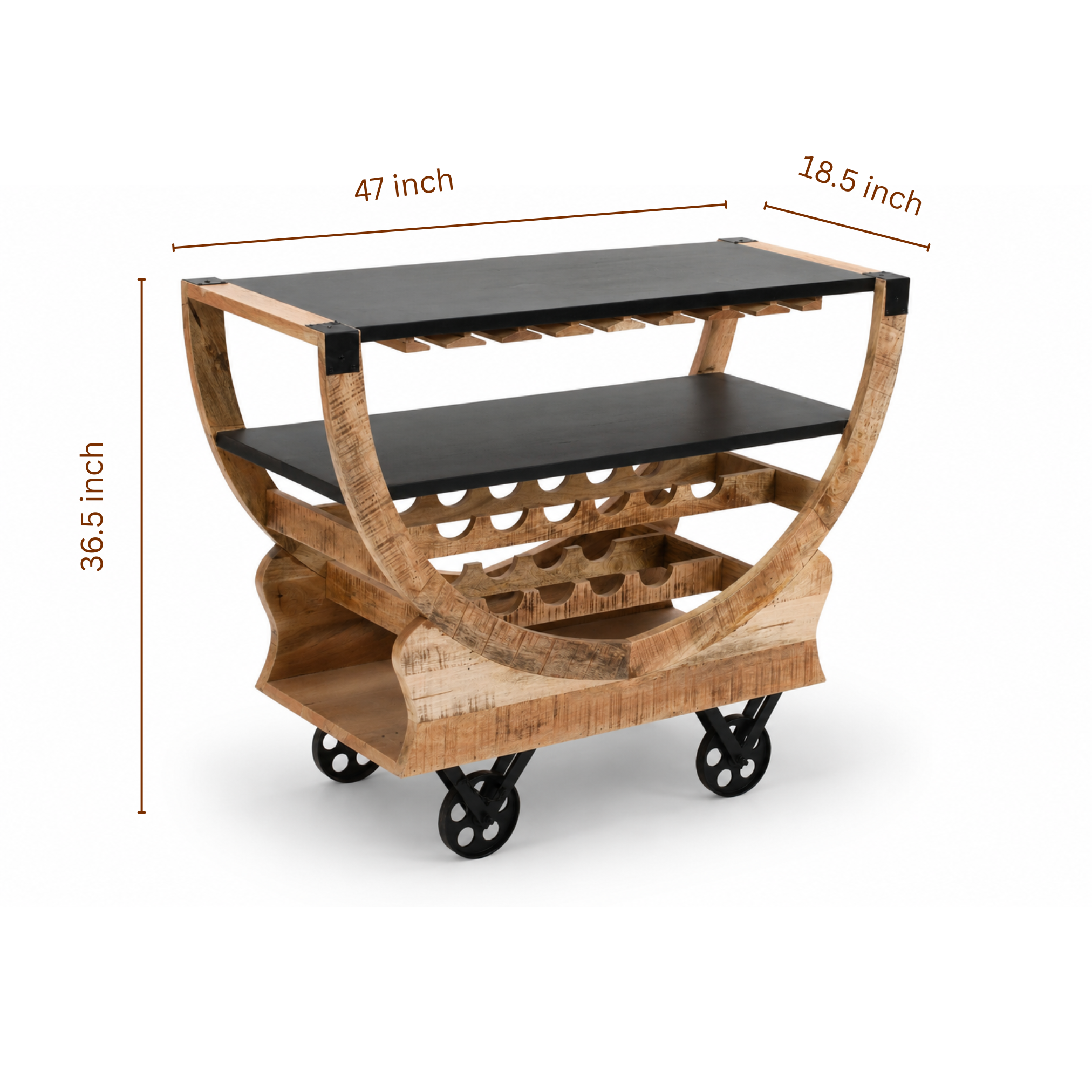 Dimension image of handcrafted mango wood bar cart with metal wheels and wine rack storage