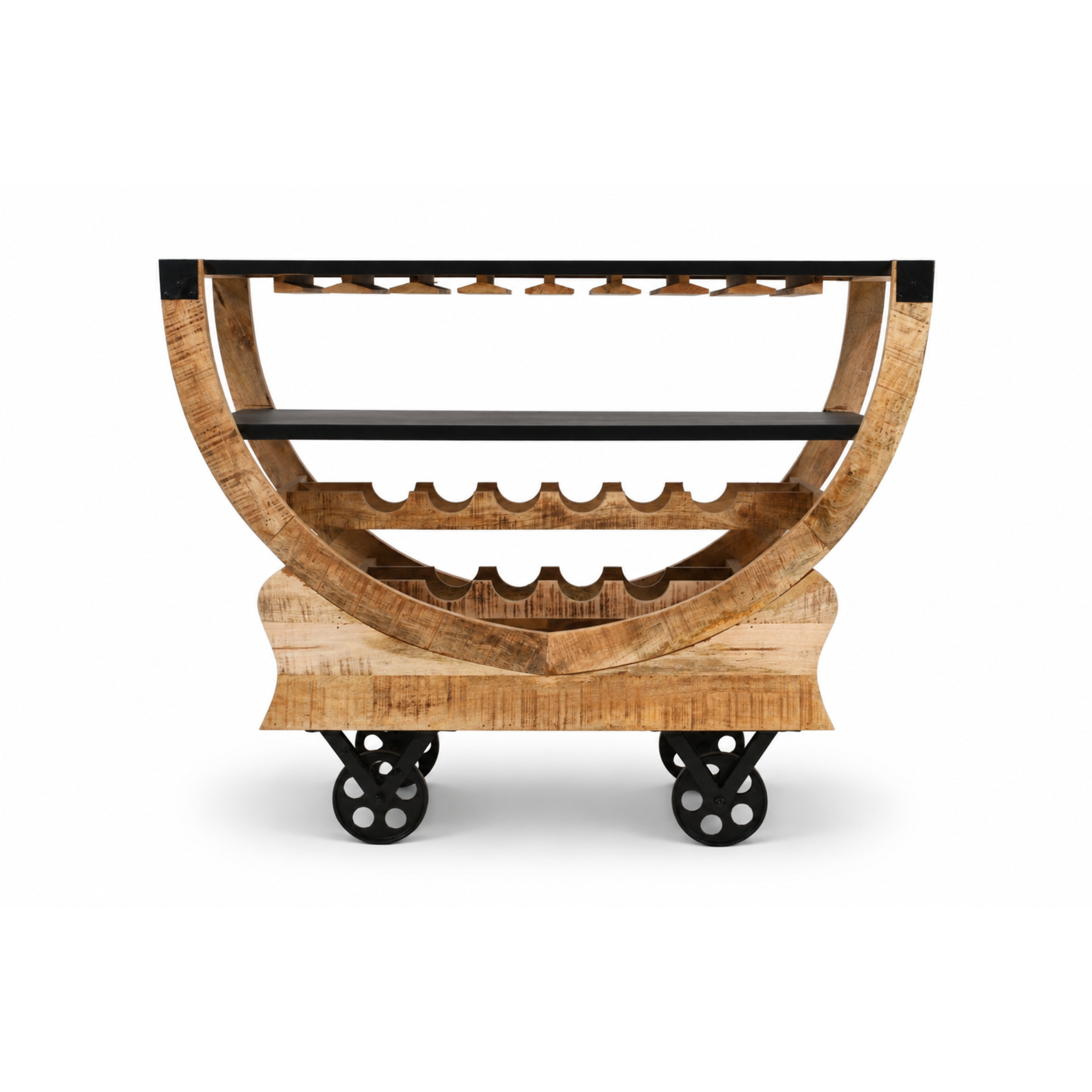 Handcrafted mango wood bar cart with black metal wheels and bottle storage rack front view