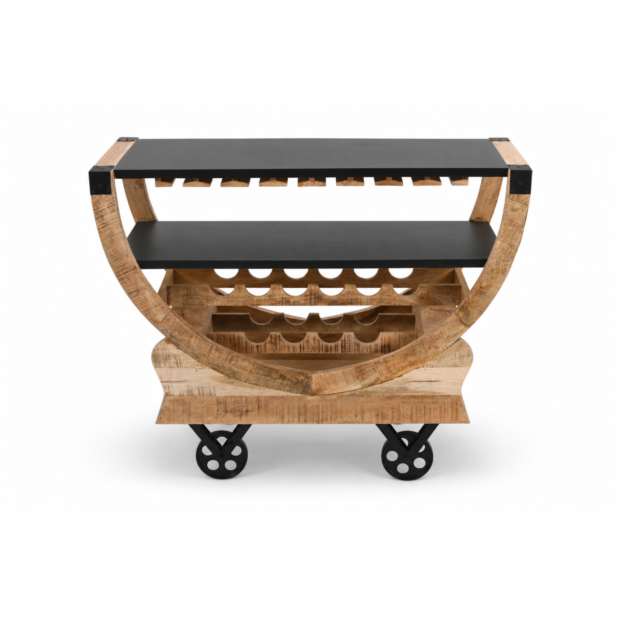 Mango wood handcrafted bar cart with black shelves, wine bottle holders, and metal wheels