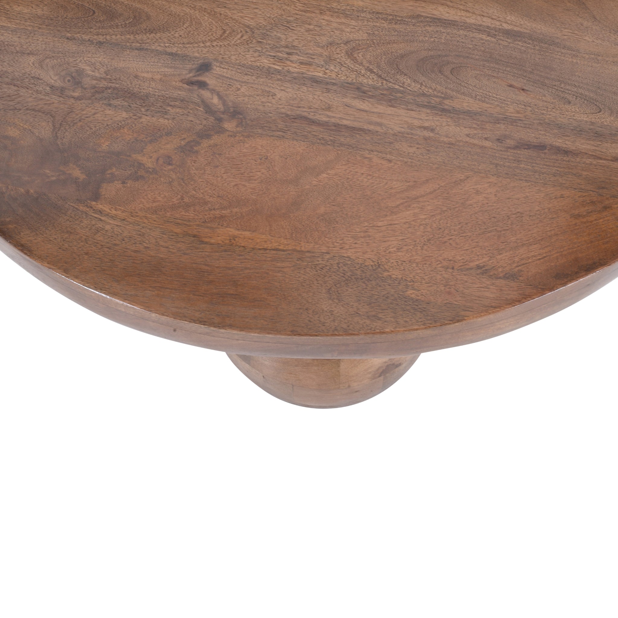 close up of handcrafted mango wood coffee table showing smooth finish and detailing