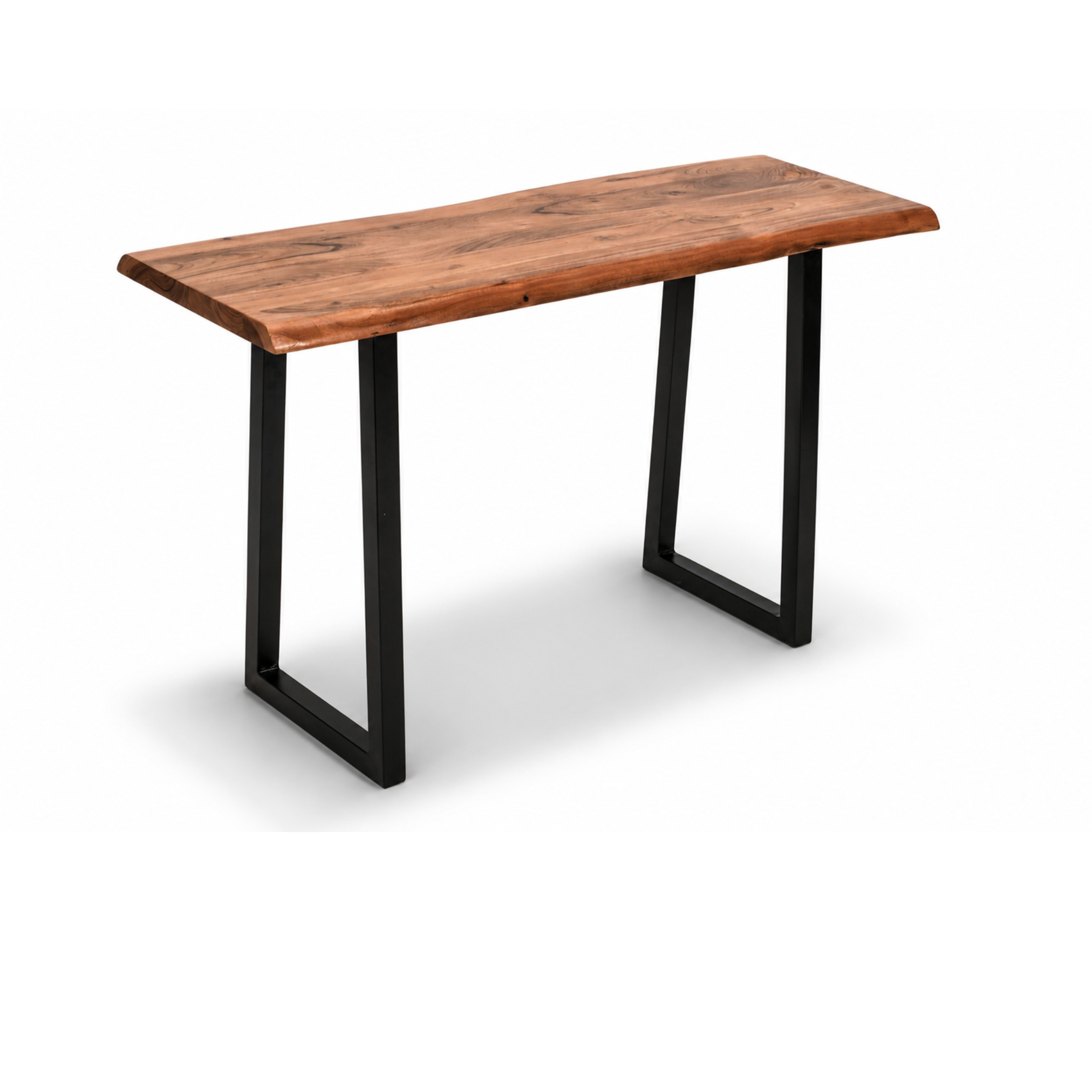 Angled view of Hype Console Table crafted with live edge acacia wood and sleek black metal legs