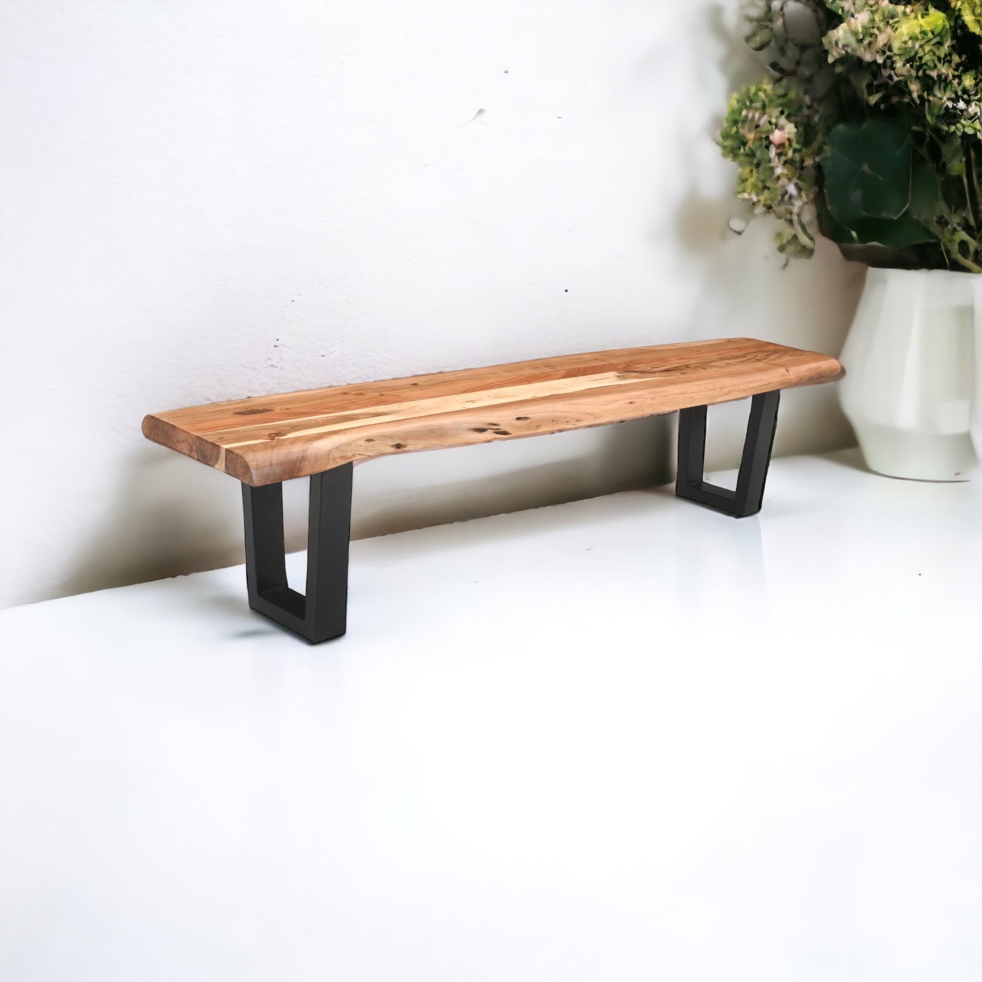 Live Edge Acacia Wood Handcrafted Bench with Metal Legs 