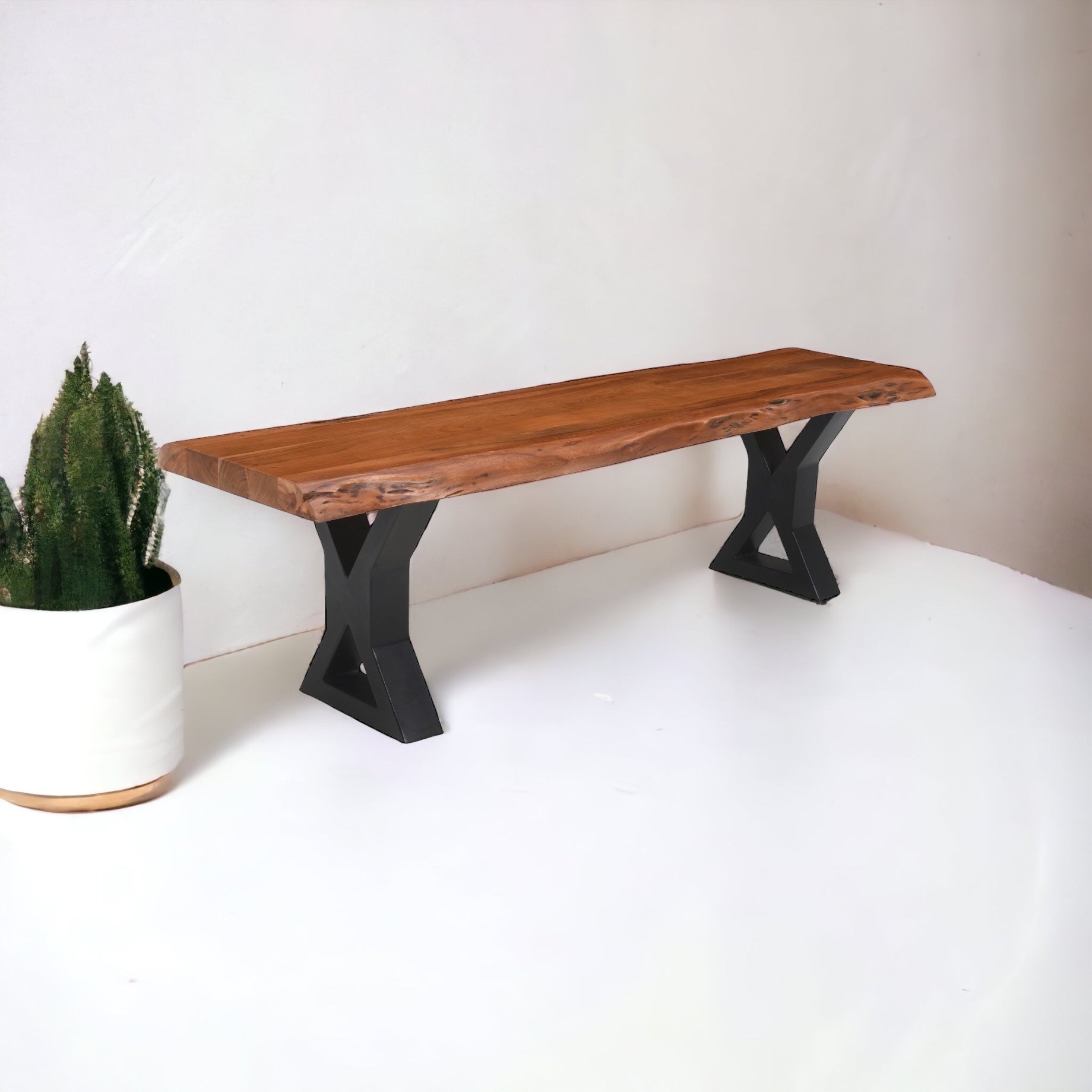 Live Edge Acacia Wood Handcrafted Bench with Metal Legs 