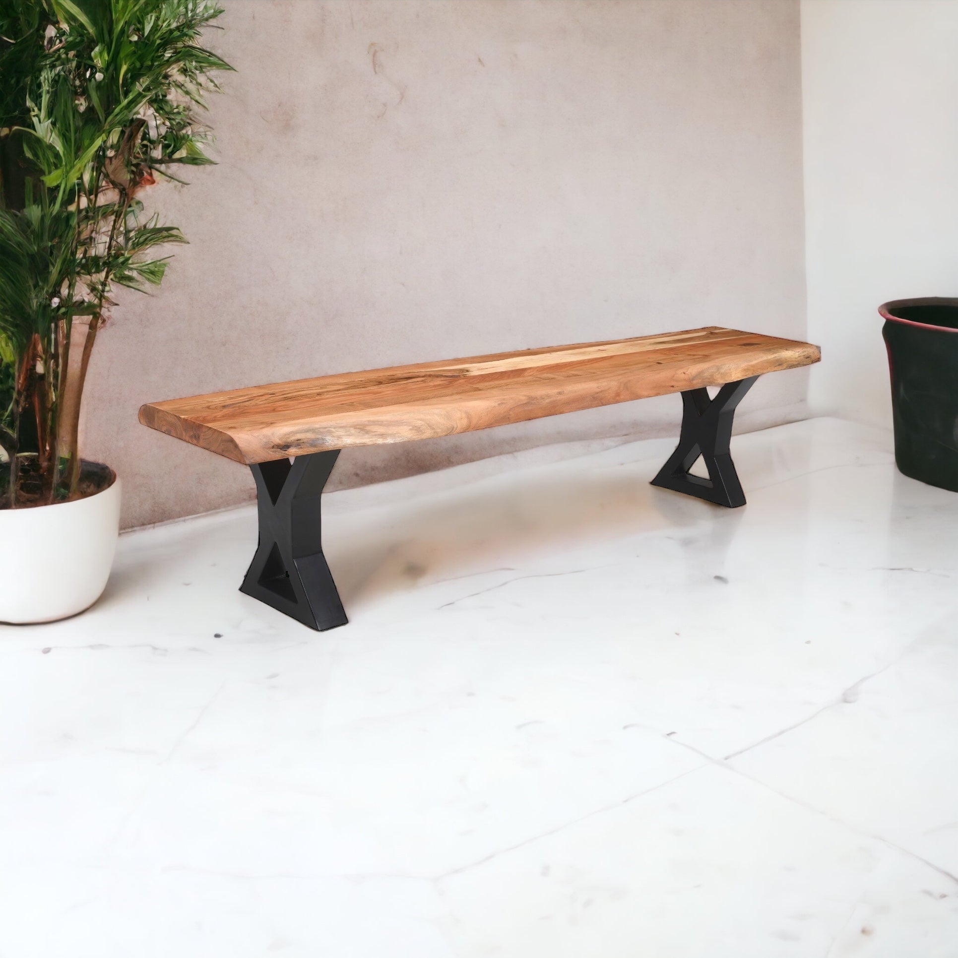 Live Edge Acacia Wood Handcrafted Bench with Metal Legs |