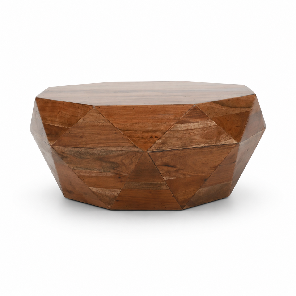 Front view of Imperial Acacia solid wood diamond shape coffee table with handcrafted faceted design