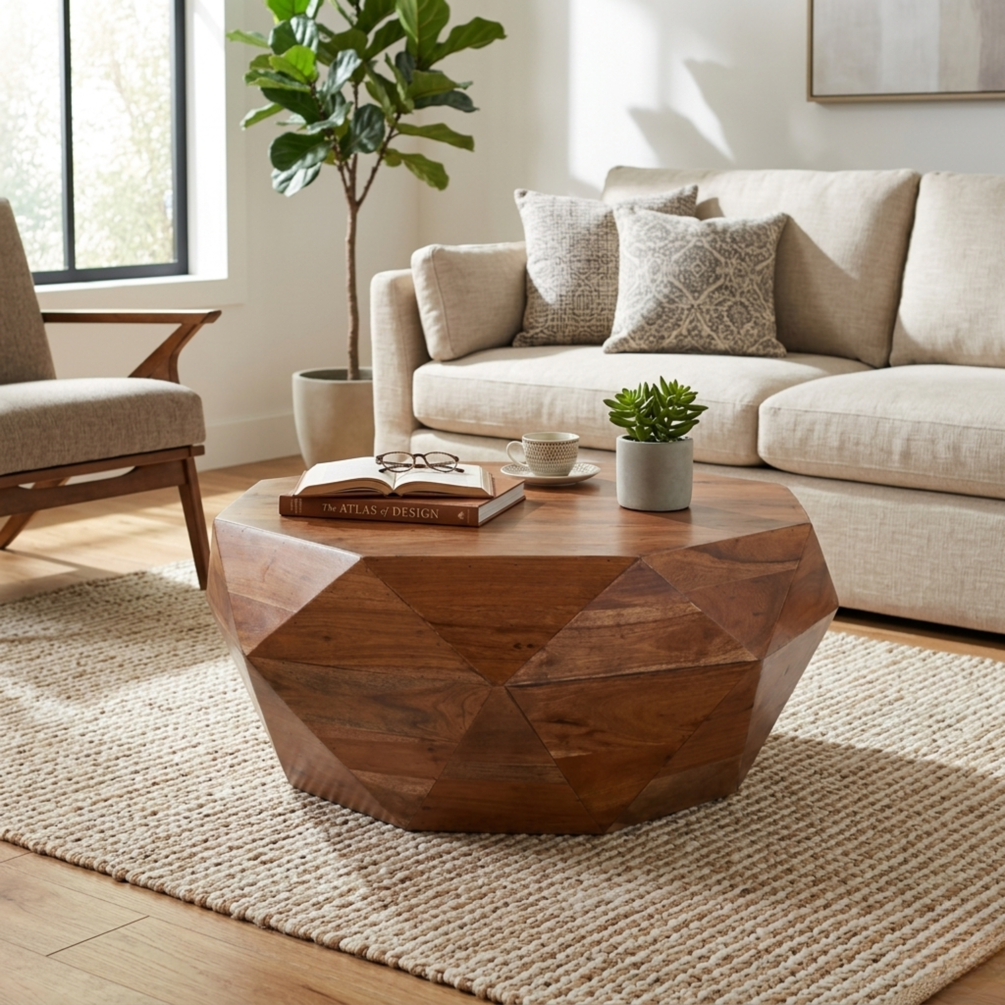 Imperial Diamond Acacia wood coffee table styled in a bright modern living room with natural morning sunlight.