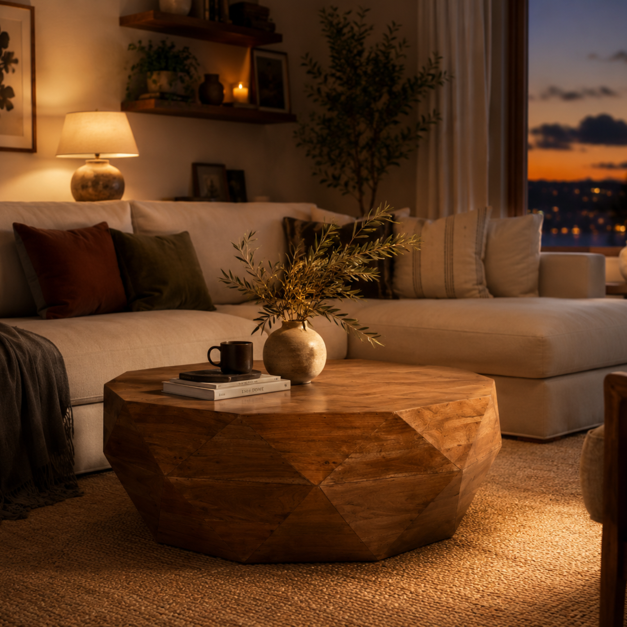 Imperial Diamond Acacia wood coffee table placed in a cozy living room with warm ambient lighting at night.