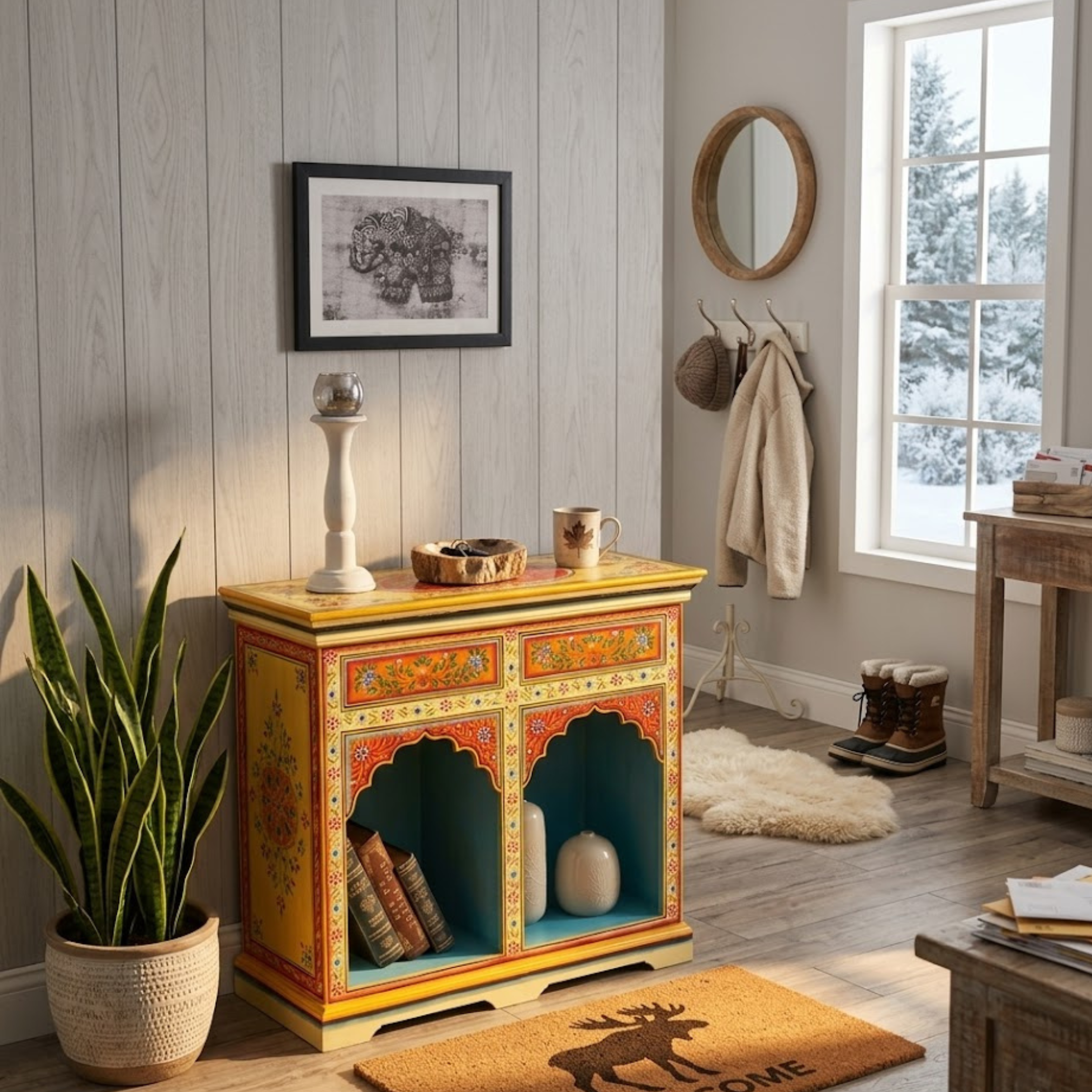 Ivory Arch Console Table with hand-painted floral design in a cozy entryway setting