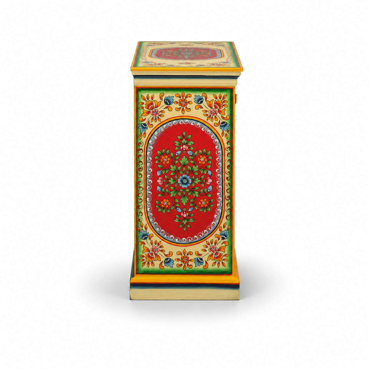 Front angled view of Ivory Arch Console Table with colorful floral detailing and open shelves