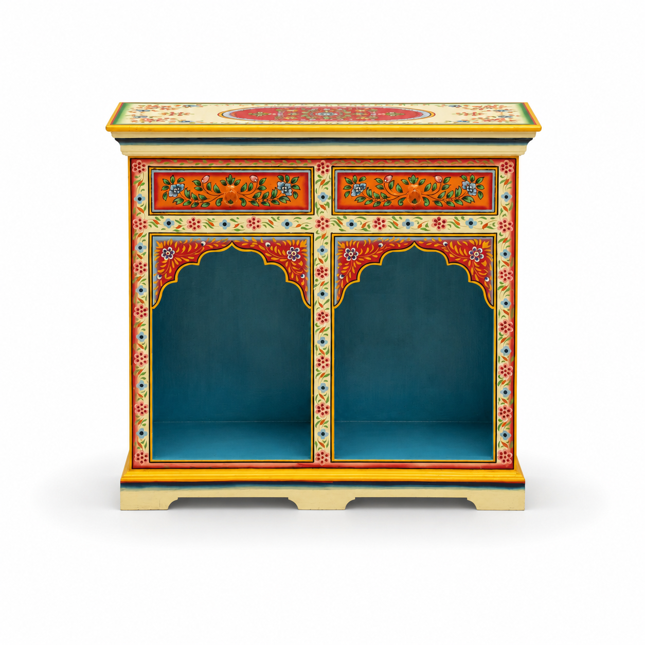 Front view of Ivory Arch Console Table featuring decorative arch design and hand-painted finish