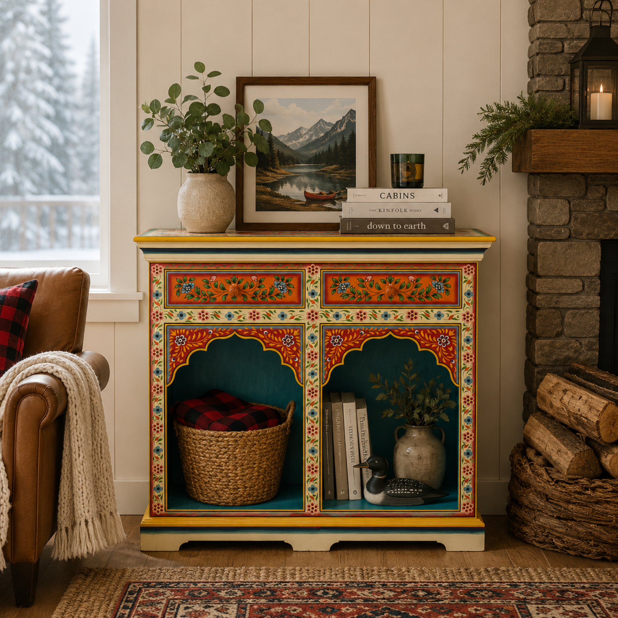 Decorative sideboard in a living room with books, plants, and a painting.