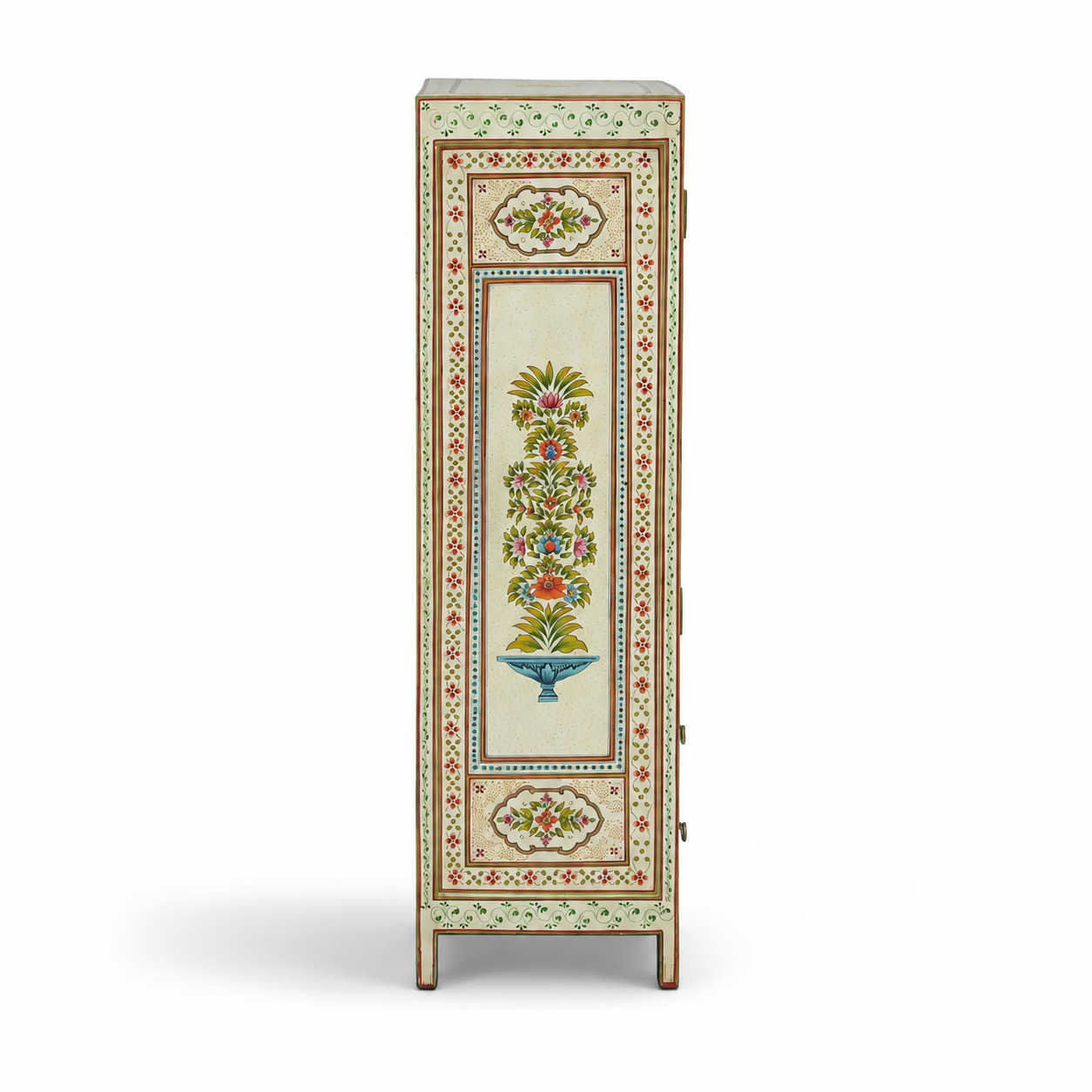 Angled view of Ivory Garden Cabinet highlighting detailed floral artwork, drawers, and artisan craftsmanship.