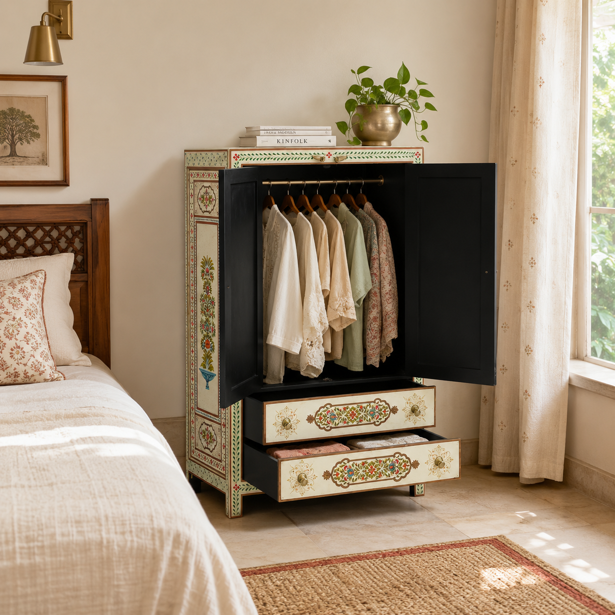 Ivory Garden Cabinet used as compact wardrobe storage with hanging clothes, drawers, and hand-painted floral details.