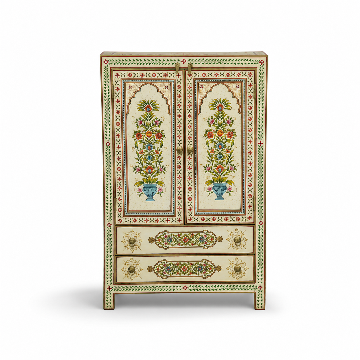 Ivory Garden Cabinet featuring intricate floral hand-painted artwork, double doors, and two storage drawers.