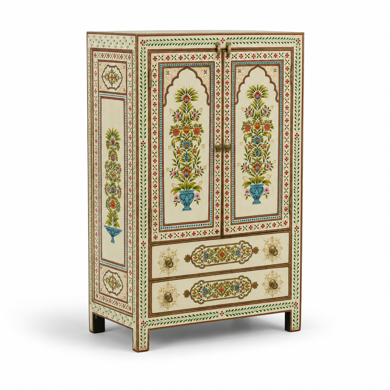 Side profile of Ivory Garden Cabinet showcasing traditional floral motifs and artisan hand-painted craftsmanship.