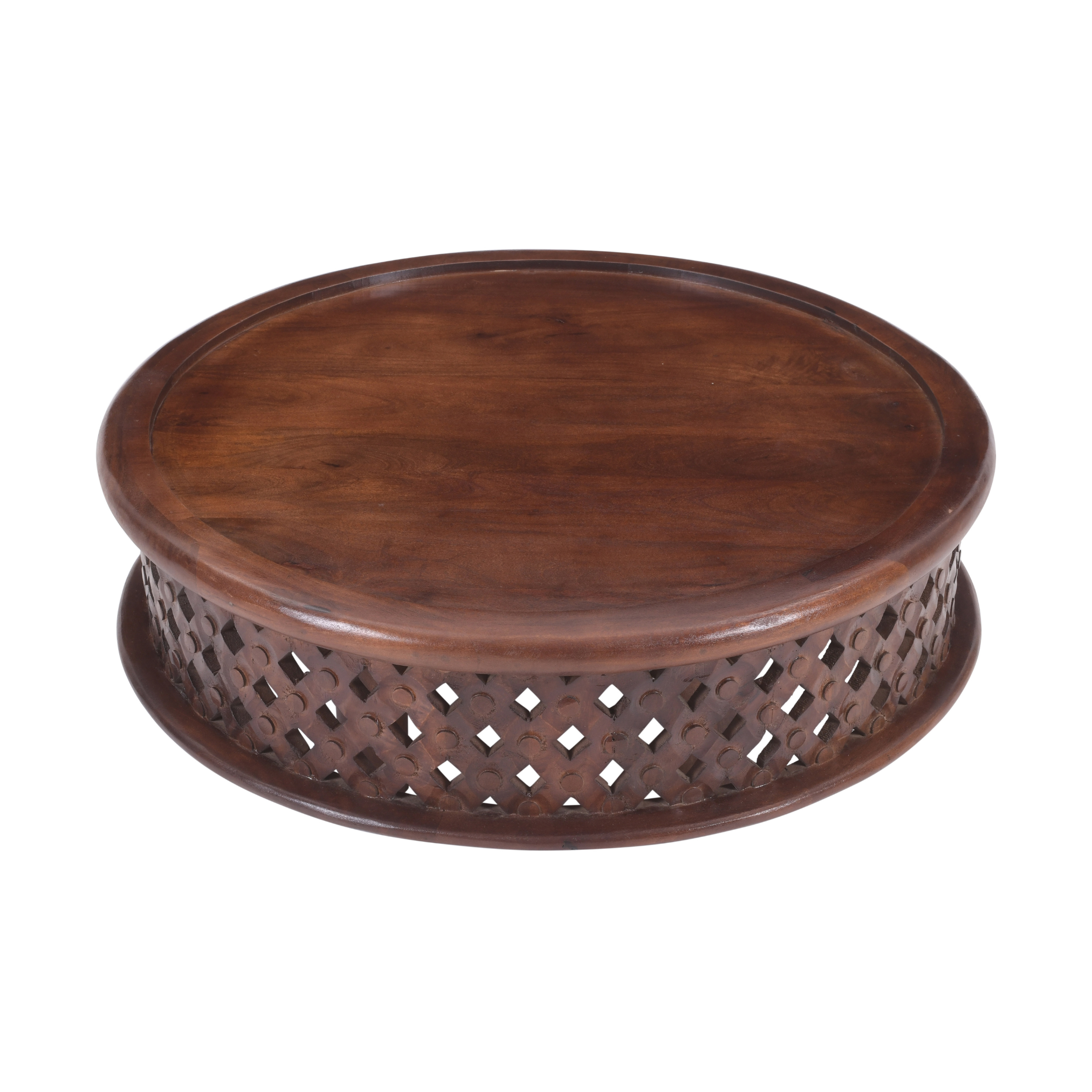 Jaali Round Mango Wood Coffee Table with decorative carved jaali pattern and rich brown wood finish.