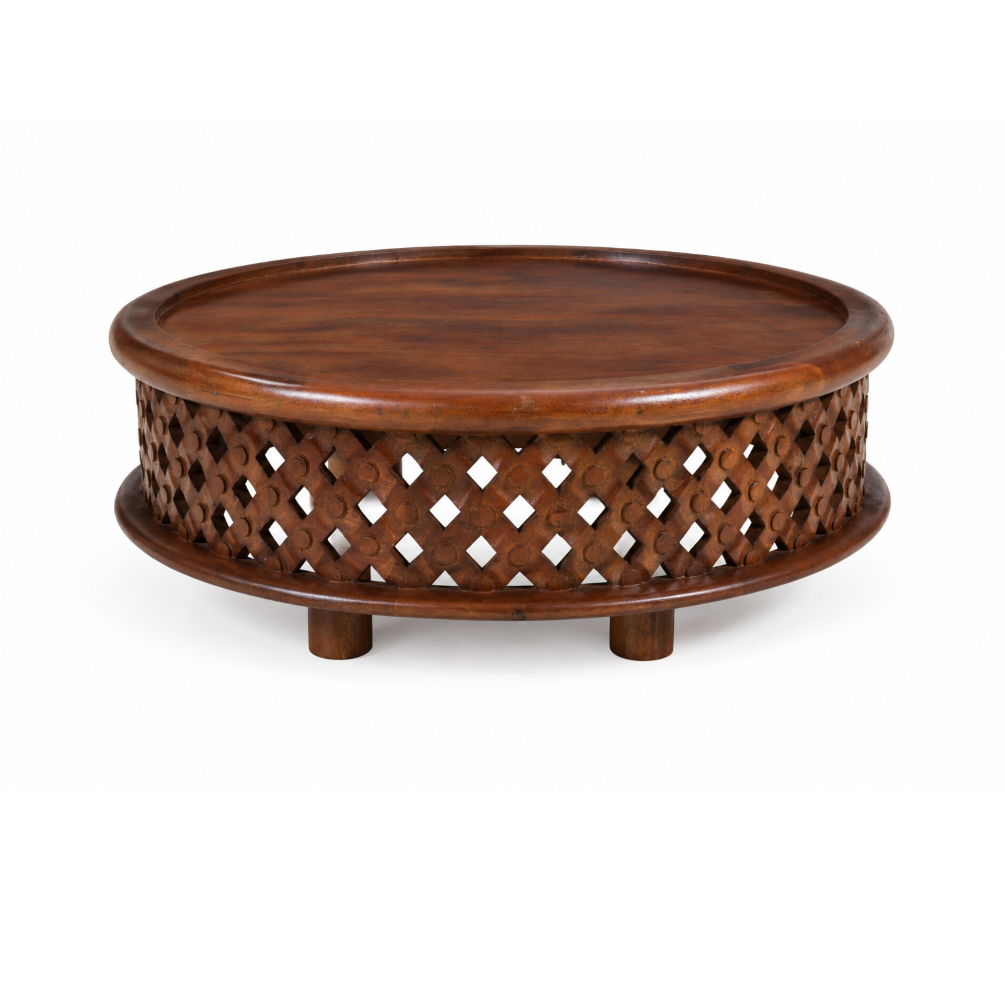 Front view of Jaali Round Mango Wood Coffee Table showcasing intricate openwork jaali detailing and round tabletop