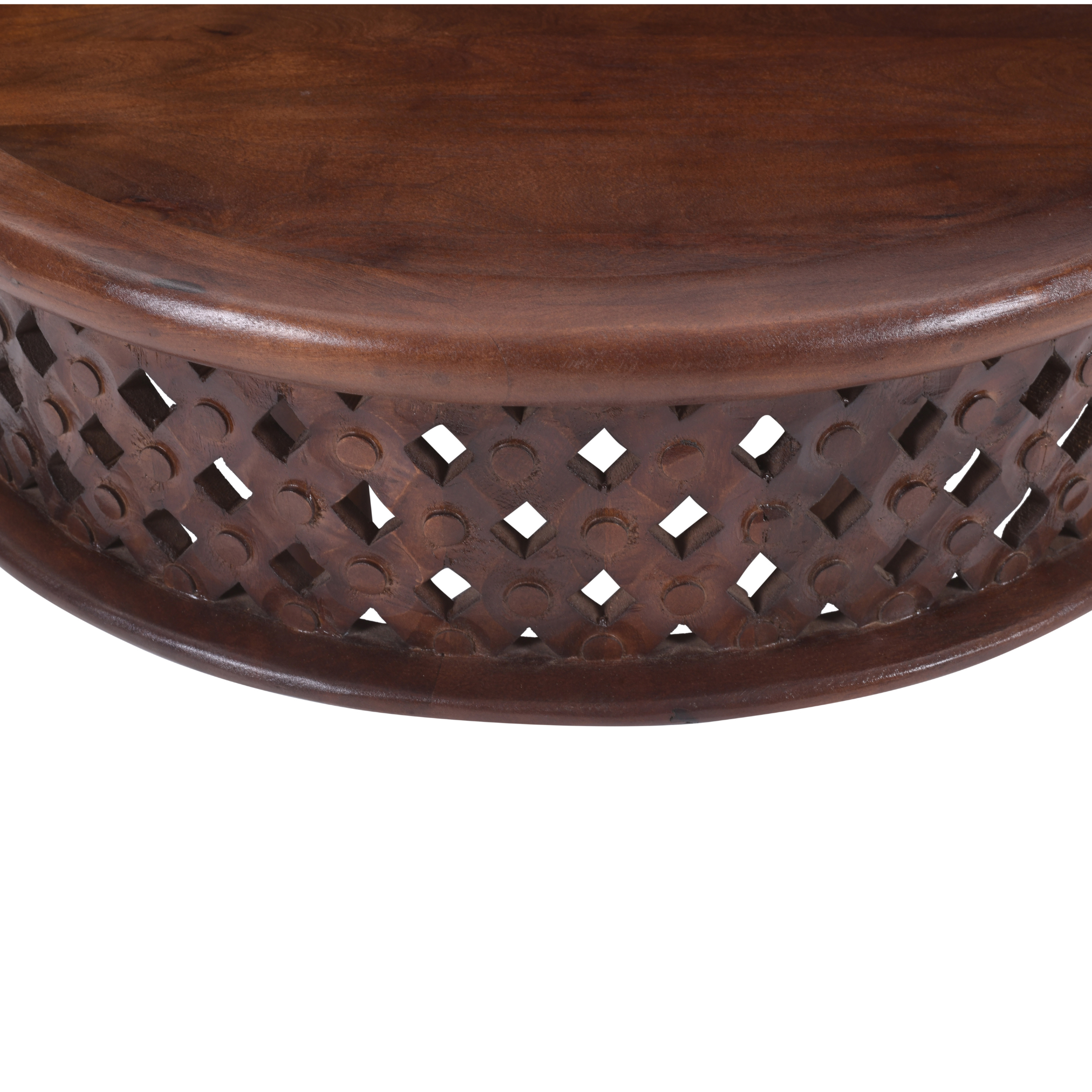 Close-up detail of Jaali Round Mango Wood Coffee Table highlighting handcrafted lattice carving and smooth wood finish
