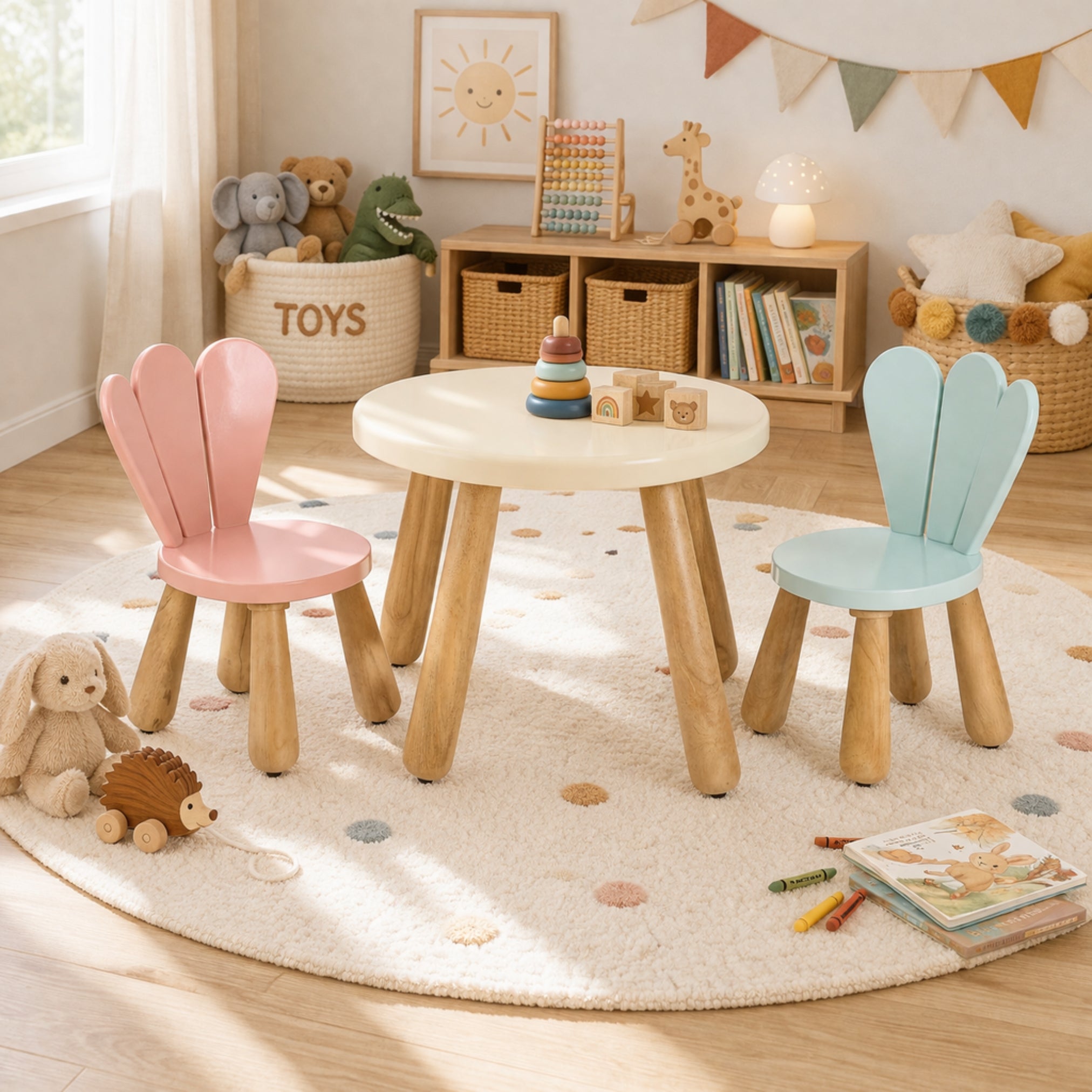 Kids table and chair set with blue and pink petal chairs in a modern playroom setup