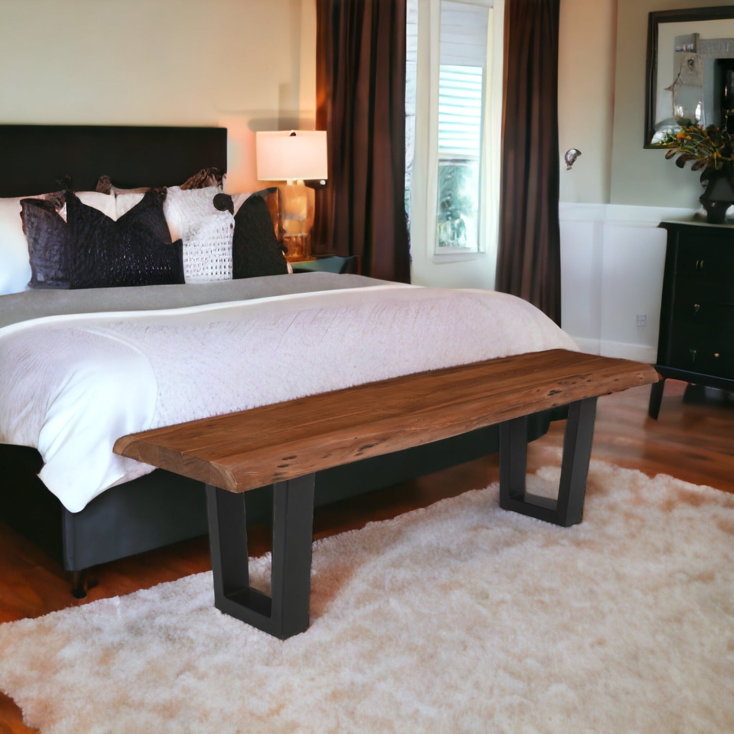 live edge acacia wood bench placed at bedroom footboard with U metal legs