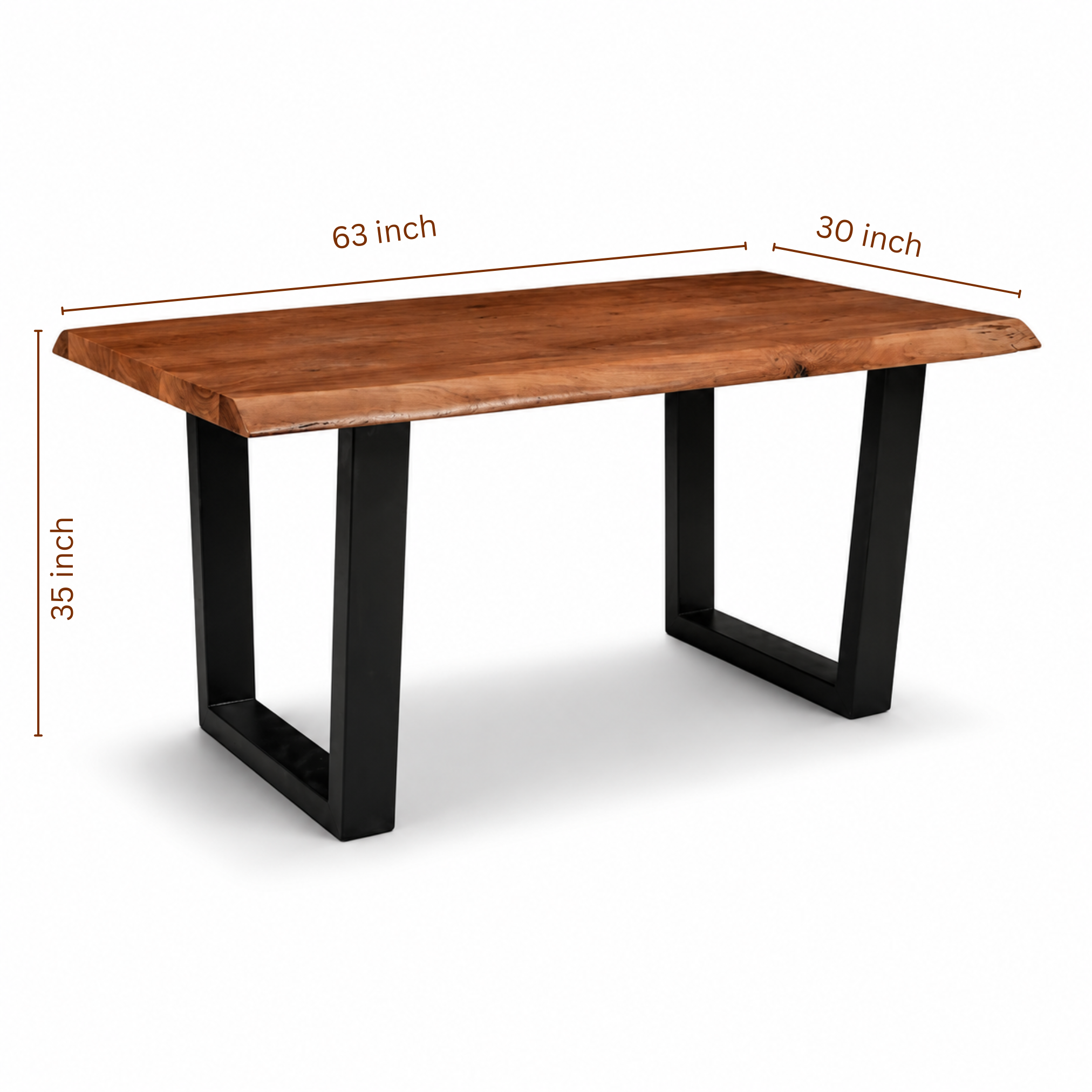 Live edge acacia dining table dimensions showing 63 inch length, 30 inch width, and 35 inch height