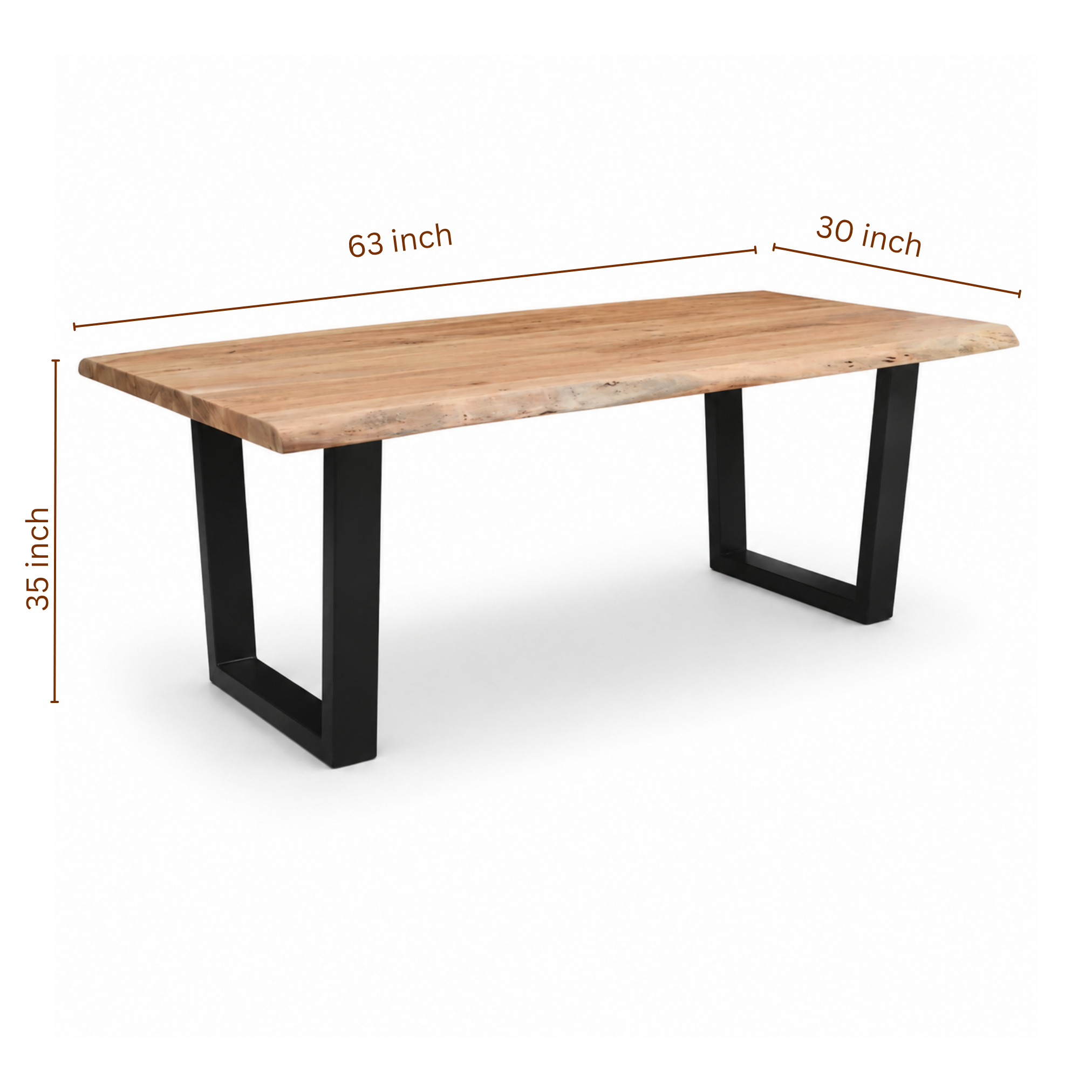 Compact live edge acacia dining table dimensions showing 63 inch length with U metal legs