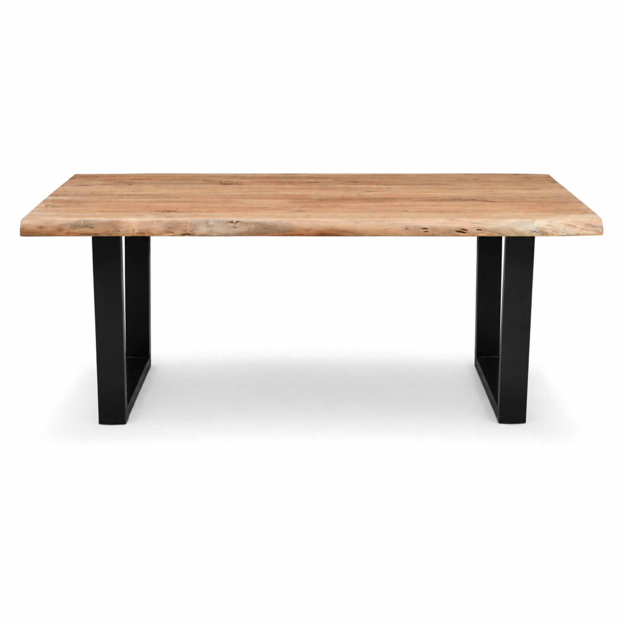 Front view of live edge acacia dining table with black U metal legs in light brown finish