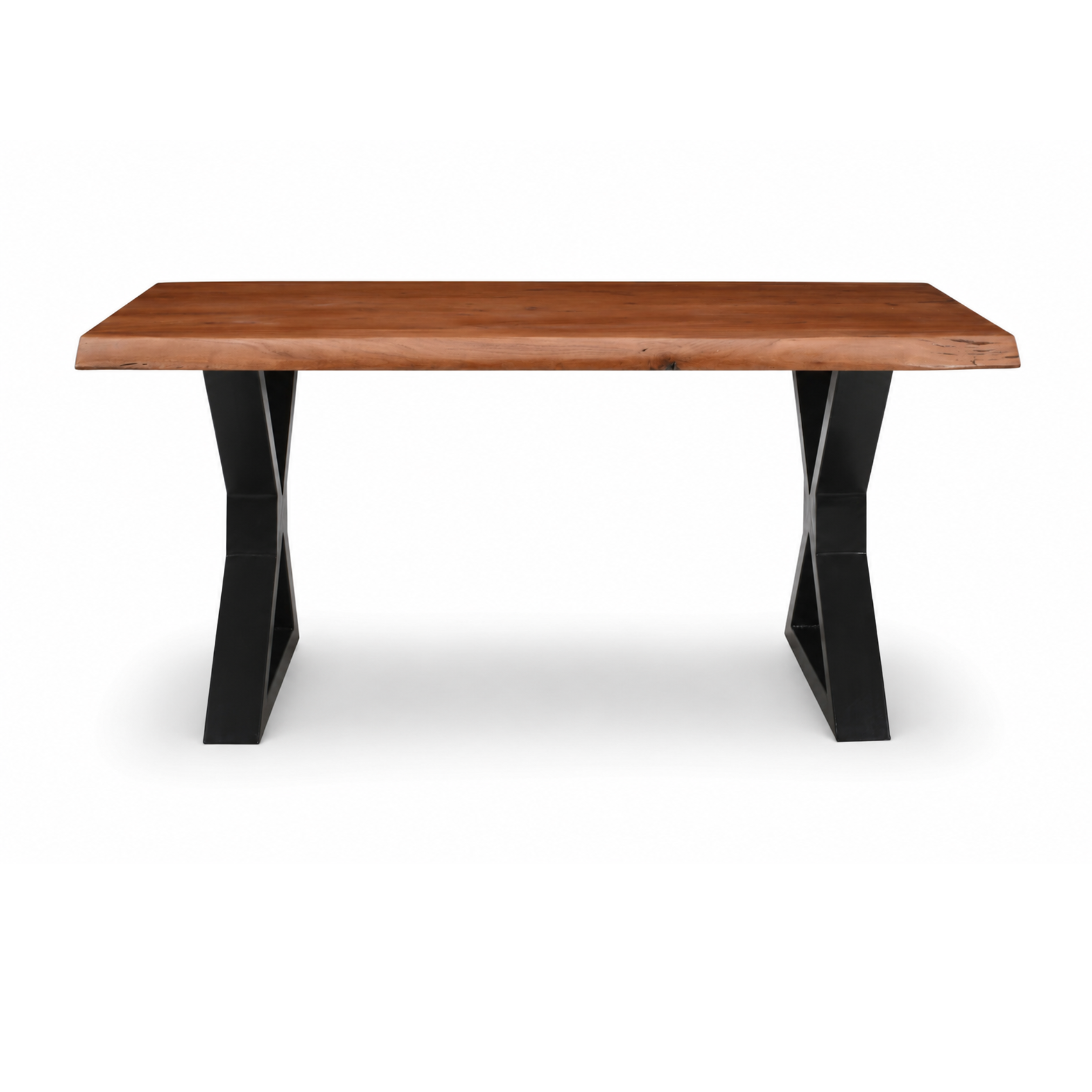 Live edge acacia dining table with black X metal legs in natural brown finish front view