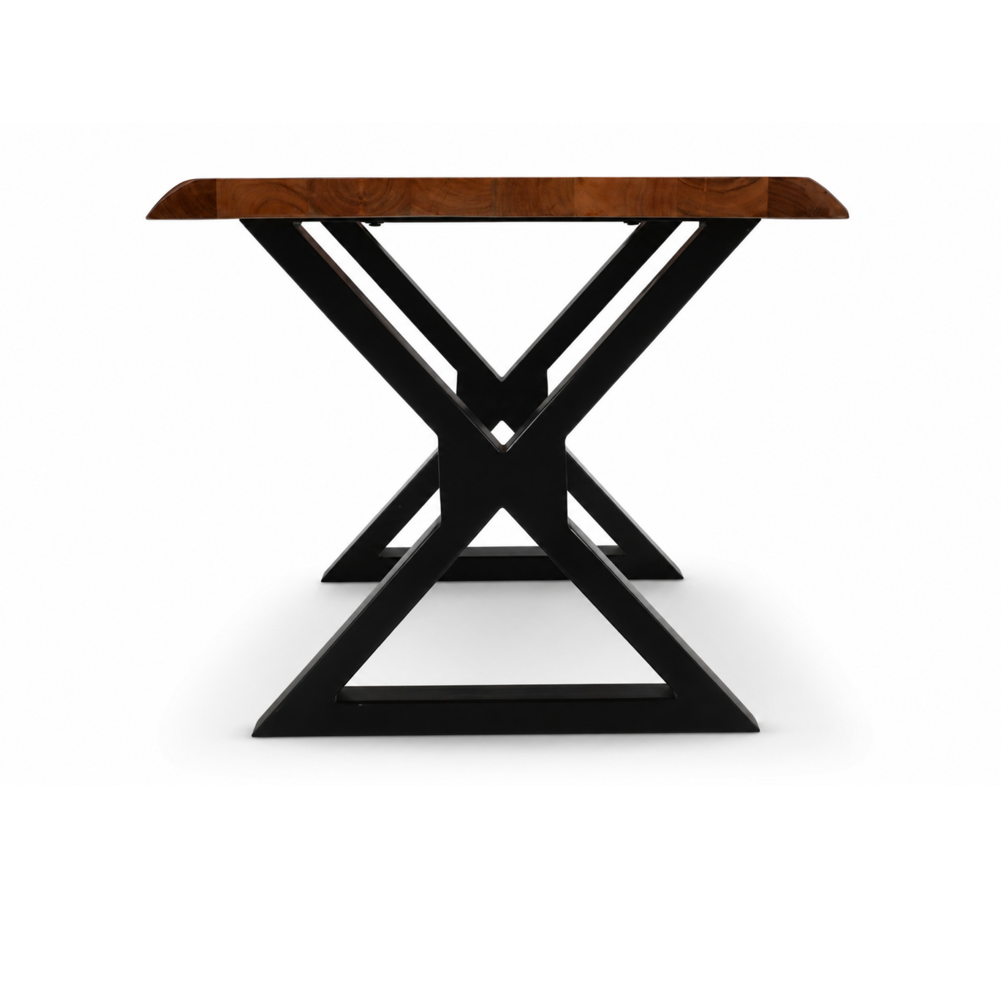 Side profile of live edge acacia dining table featuring black X metal legs and natural brown finish