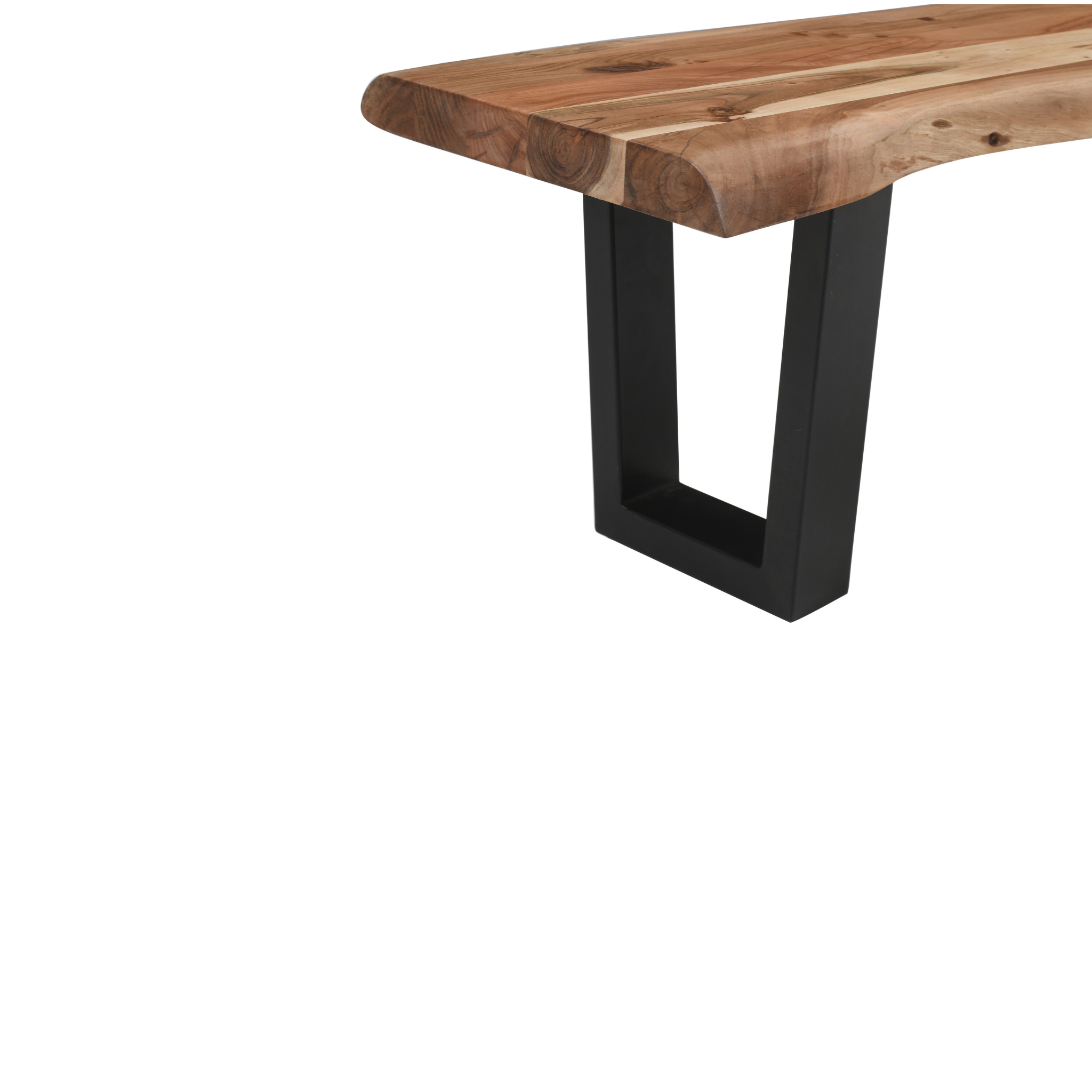 Close-up of live edge acacia wood bench corner showing natural grain and smooth finish with black U metal legs