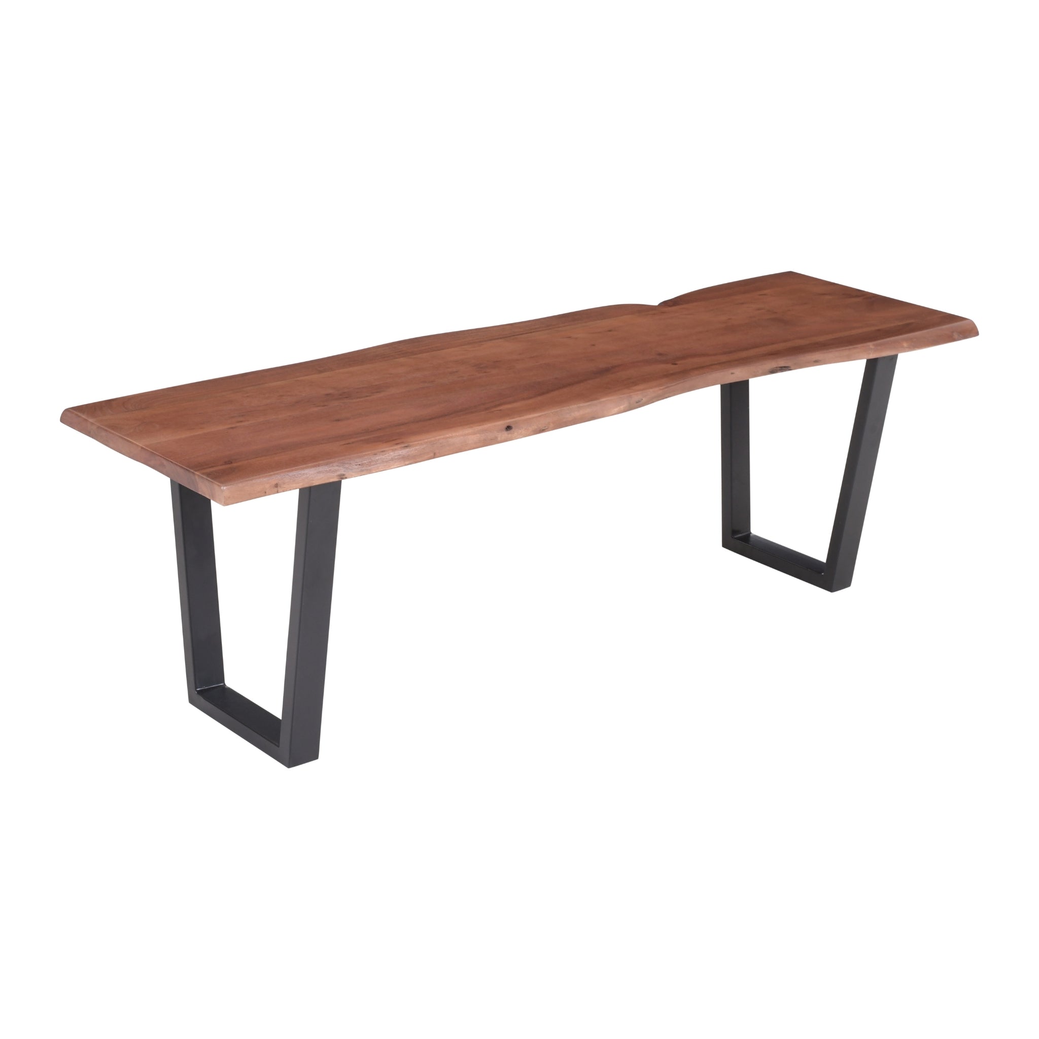 angle view of live edge acacia wood bench with U metal legs natural brown finish