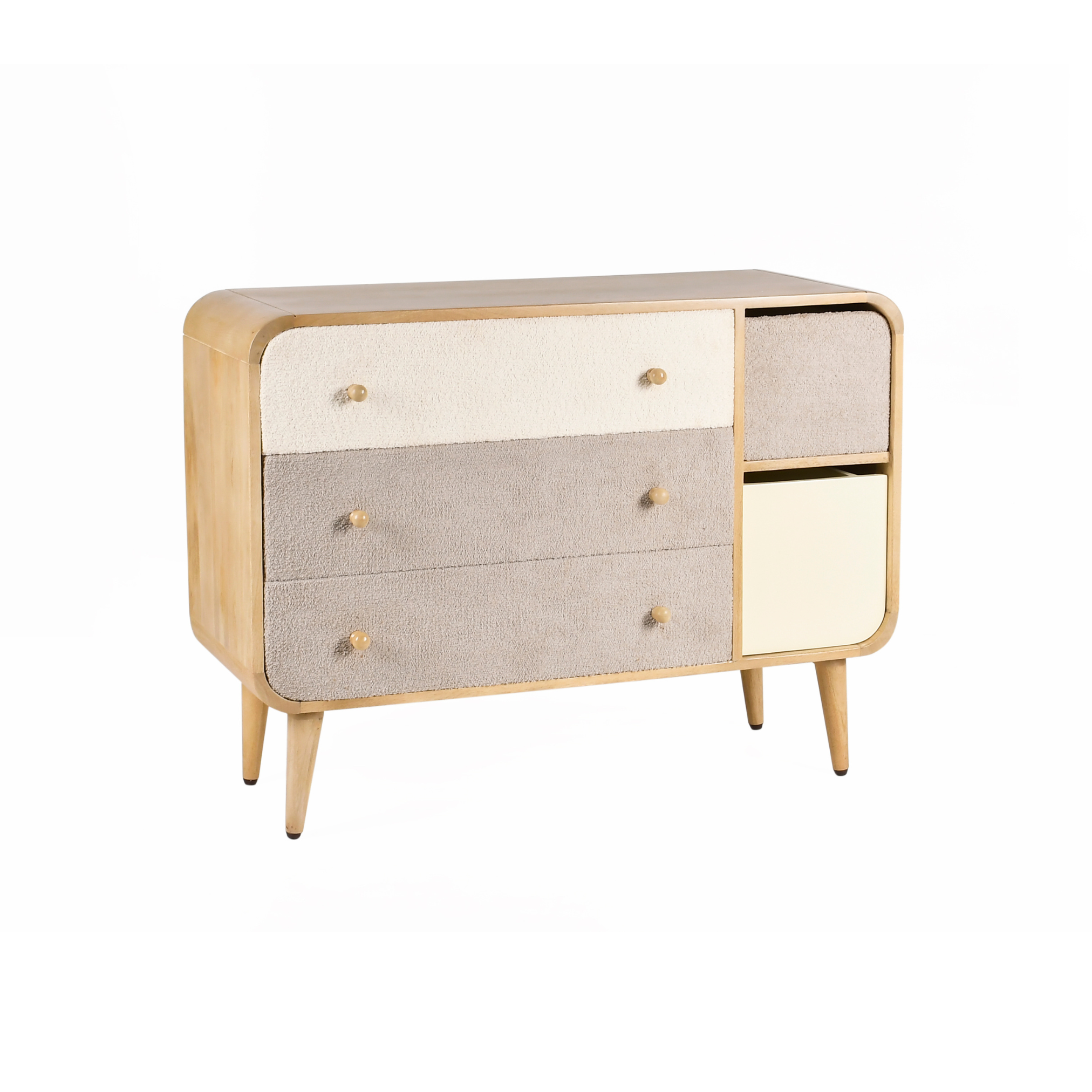 Angled view of Loft wooden kids storage dresser with soft textured drawers and open storage