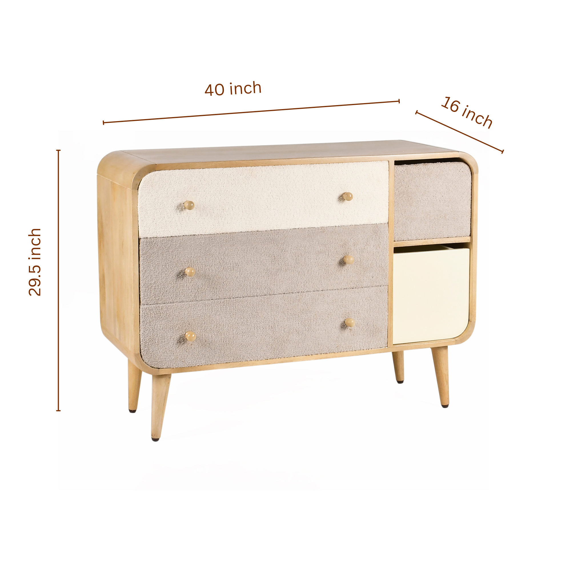 Loft wooden kids storage dresser dimensions showing 40 inch width, 29.5 inch height, and 16 inch depth