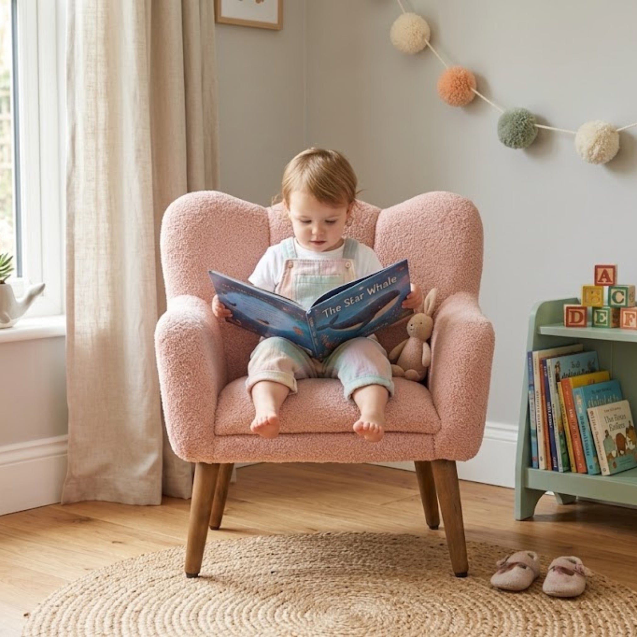 Child sitting on pink upholstered kids lounge chair in a cozy nursery room
