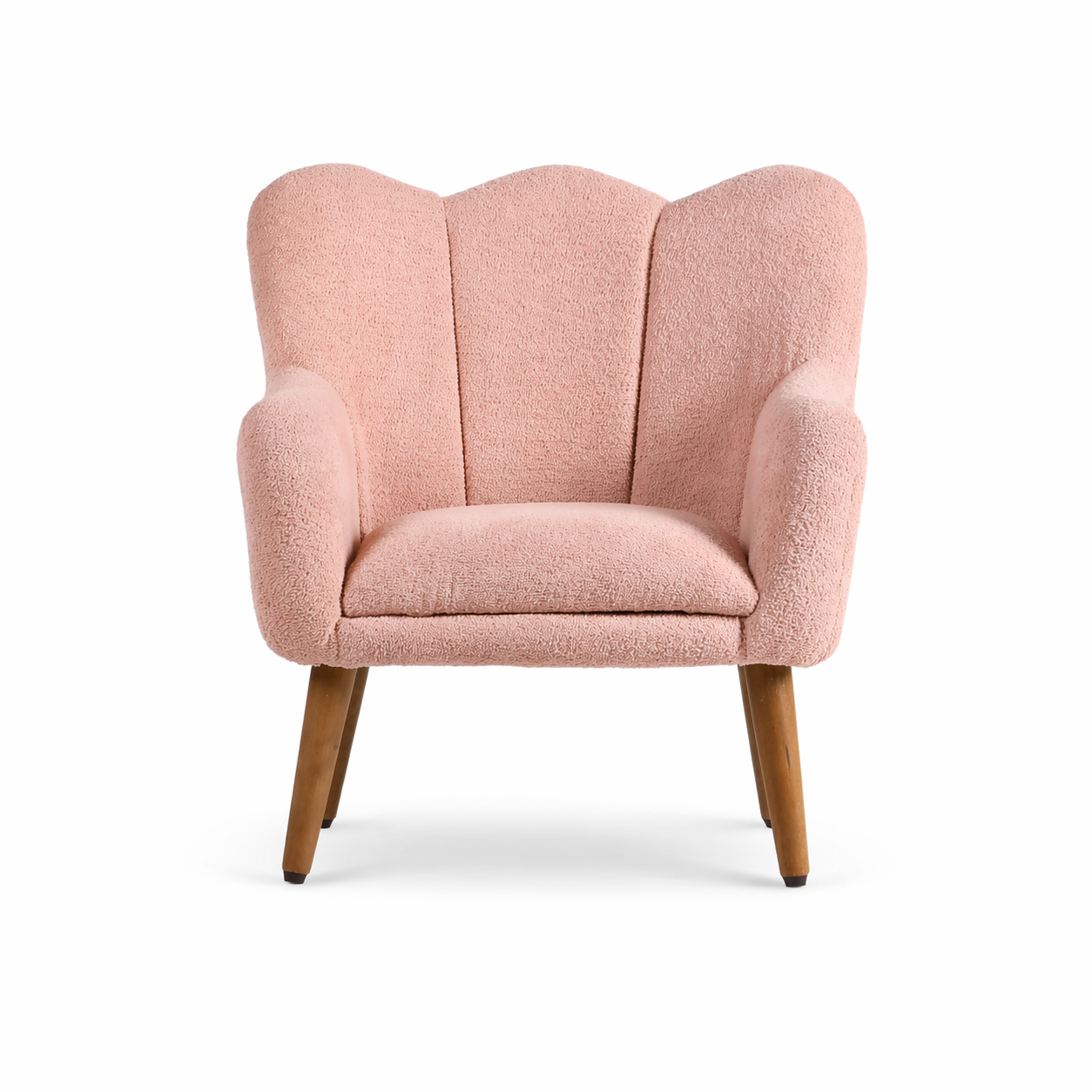 Pink upholstered kids lounge chair with soft cushioned seat and curved backrest
