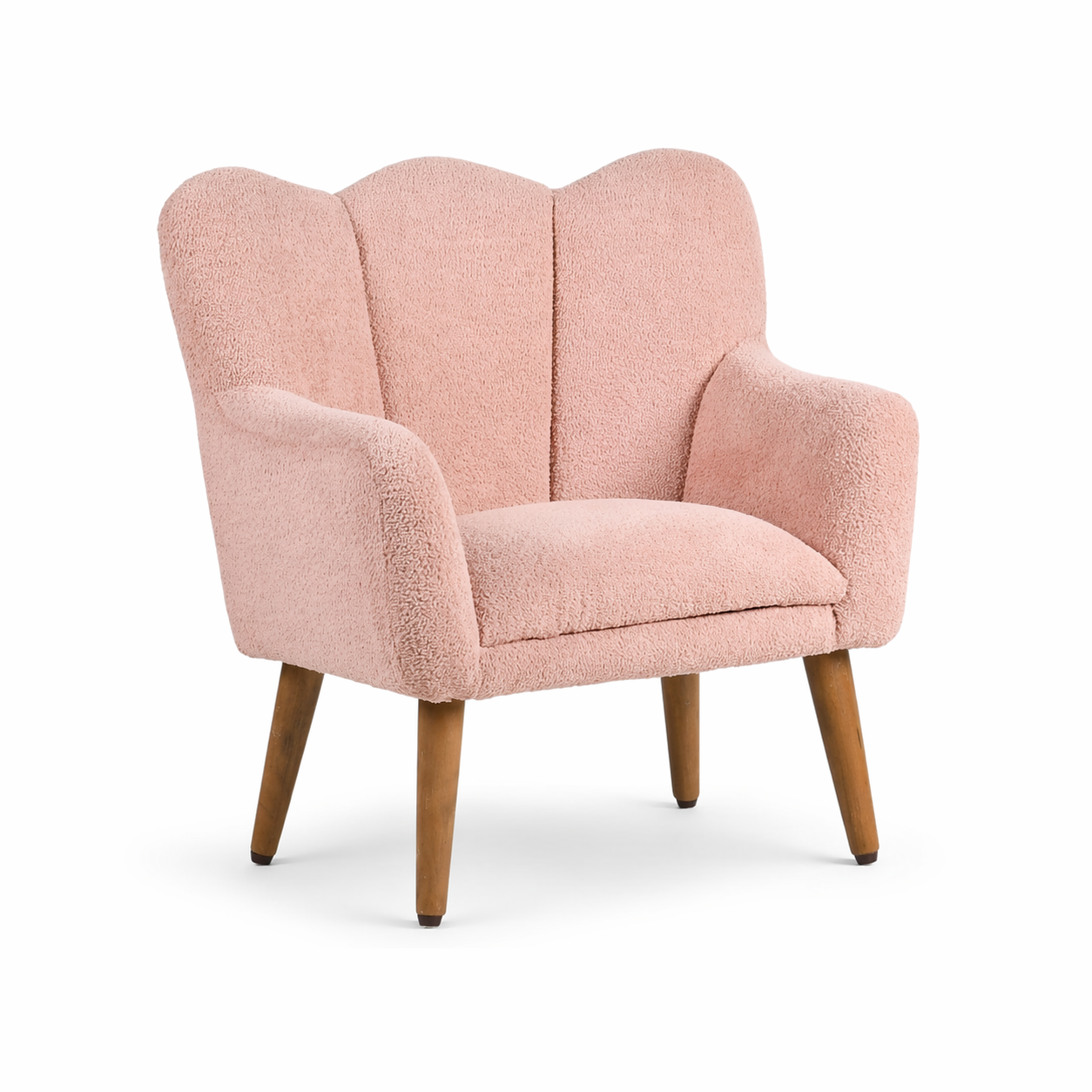 Pink kids lounge chair upholstered with textured fabric angled side view