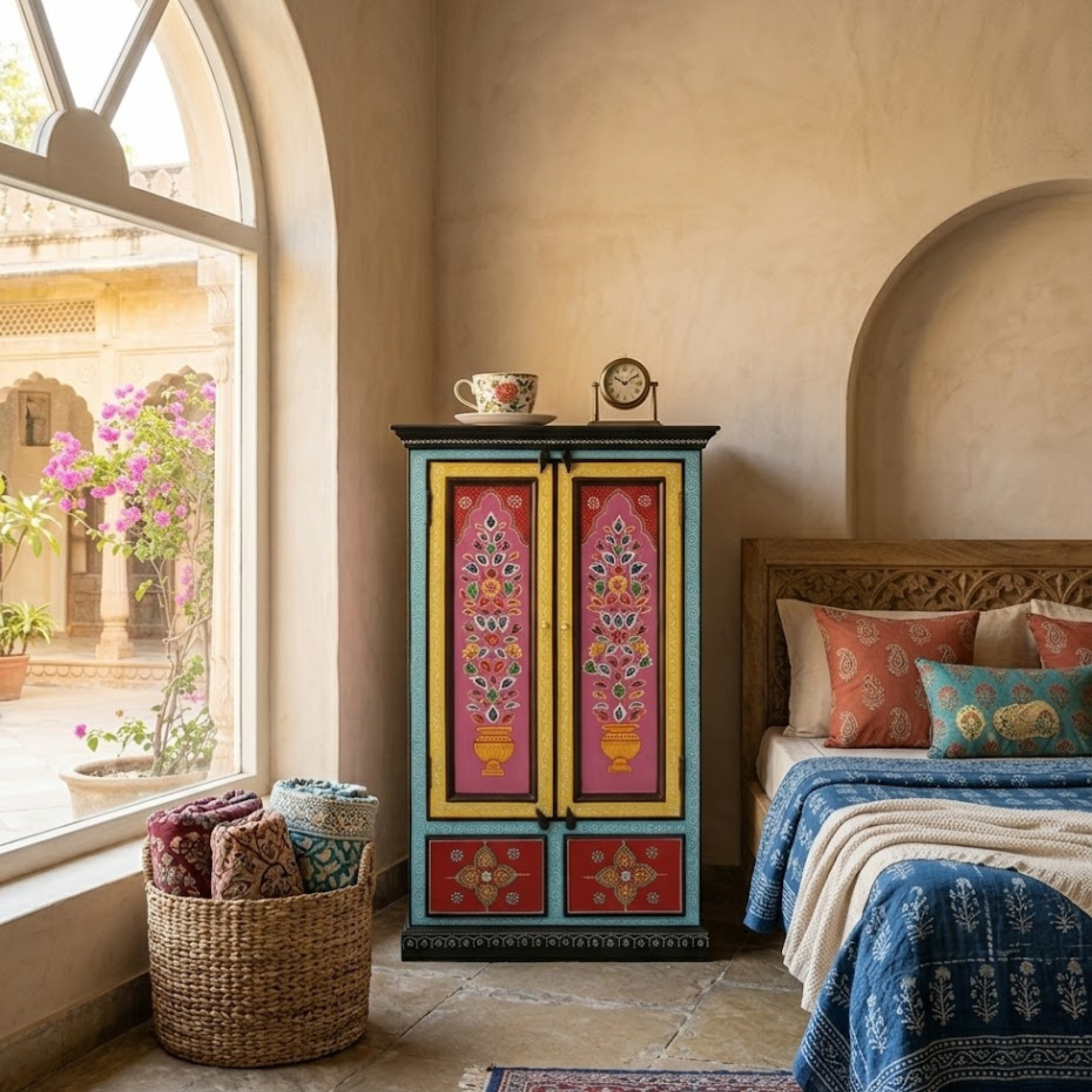 Lotus Bloom handpainted cabinet in cozy Indian bedroom interior
