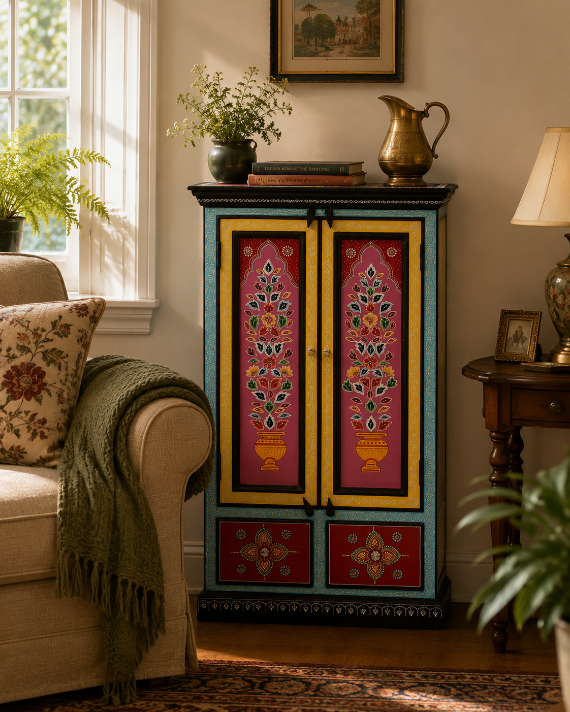 Lotus Bloom Cabinet in a cozy living room setting with floral sofa, warm sunlight, decorative books, brass pitcher, and botanical accents.